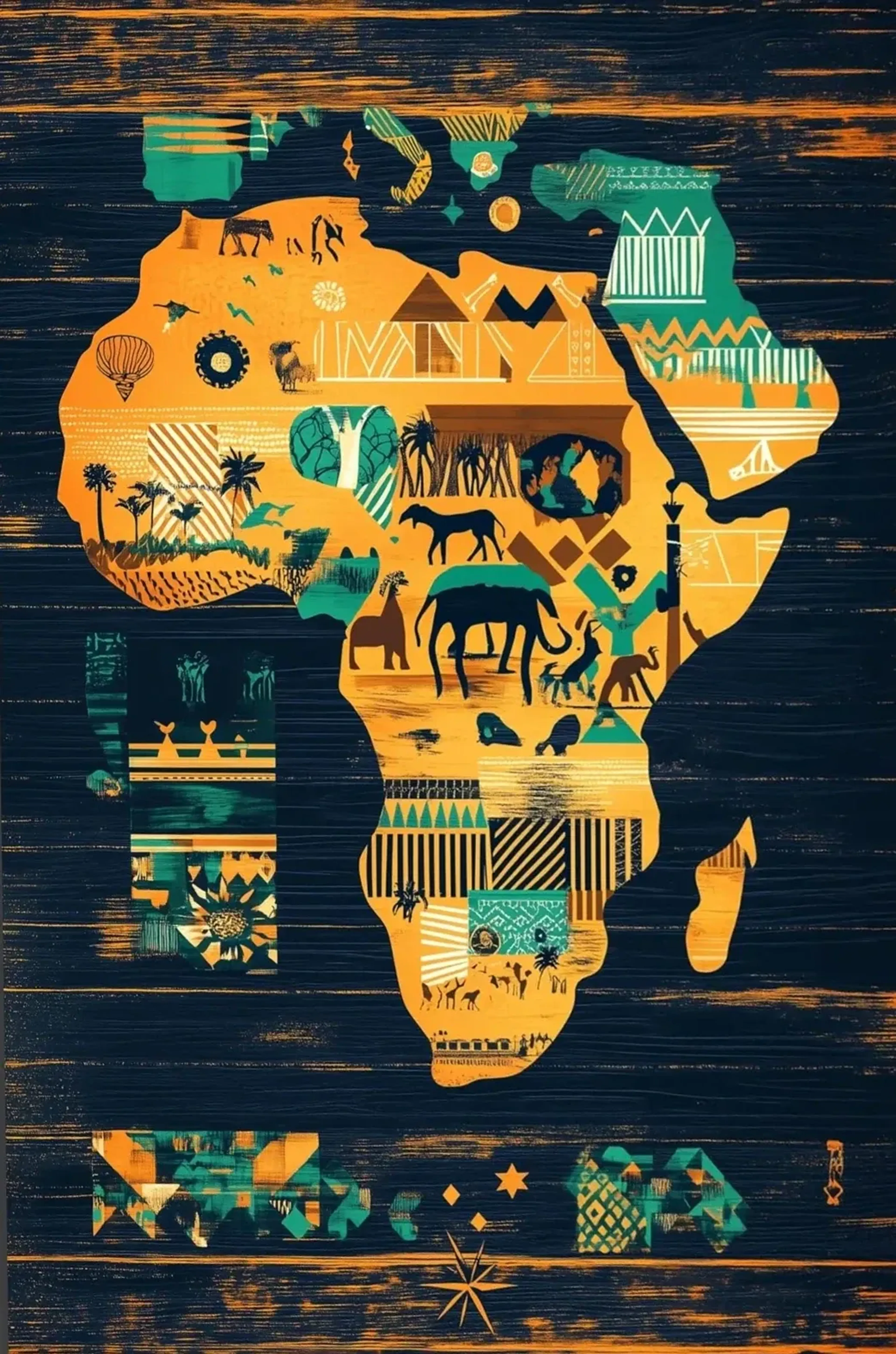 Goldgelbe Afrikakarte mit Tieren, Palmen und geometrischen Mustern auf dunkelblauem, gestreiftem Hintergrund.