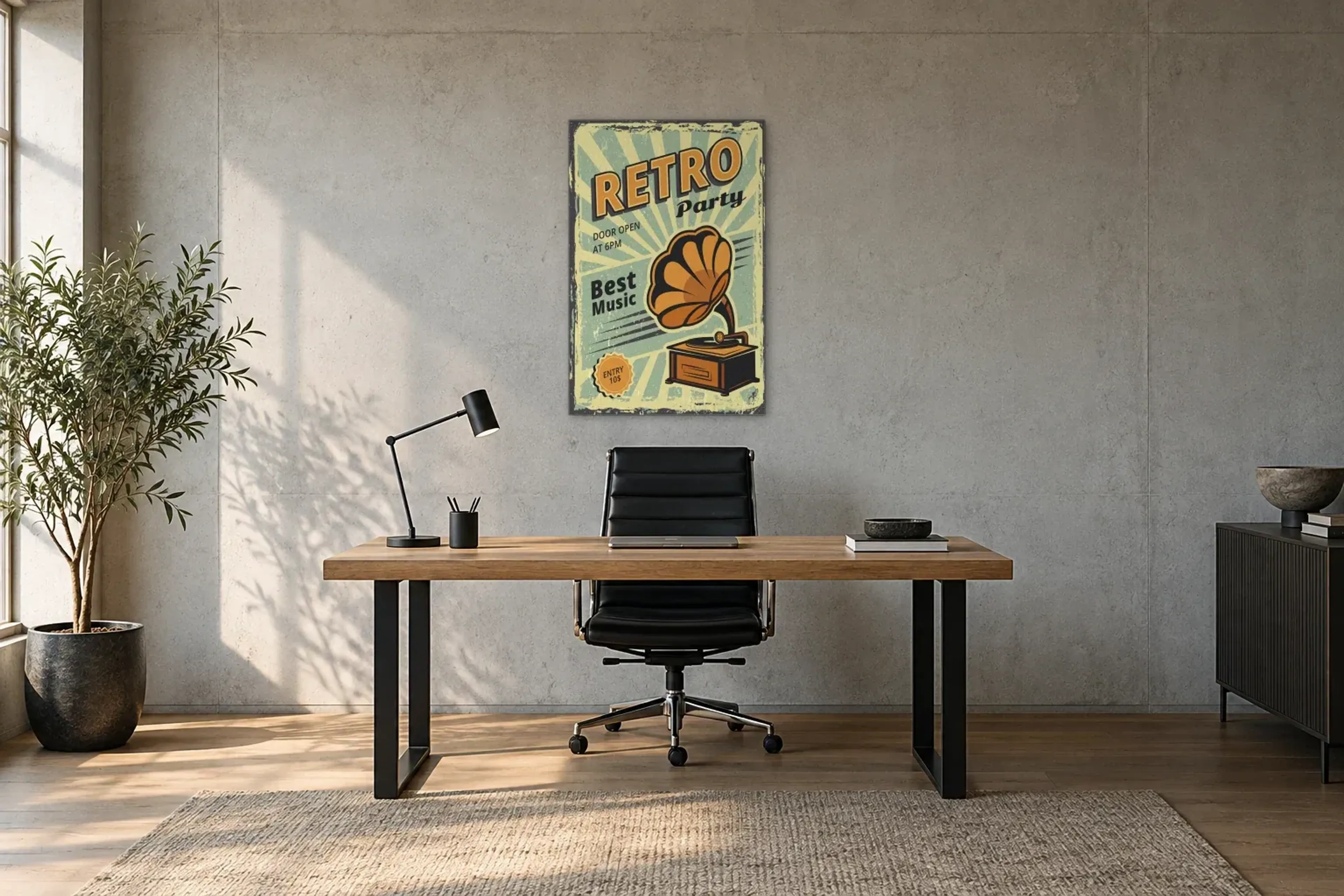 Retro Party Grammophon als Wandbild über einem 160-cm-Schreibtisch