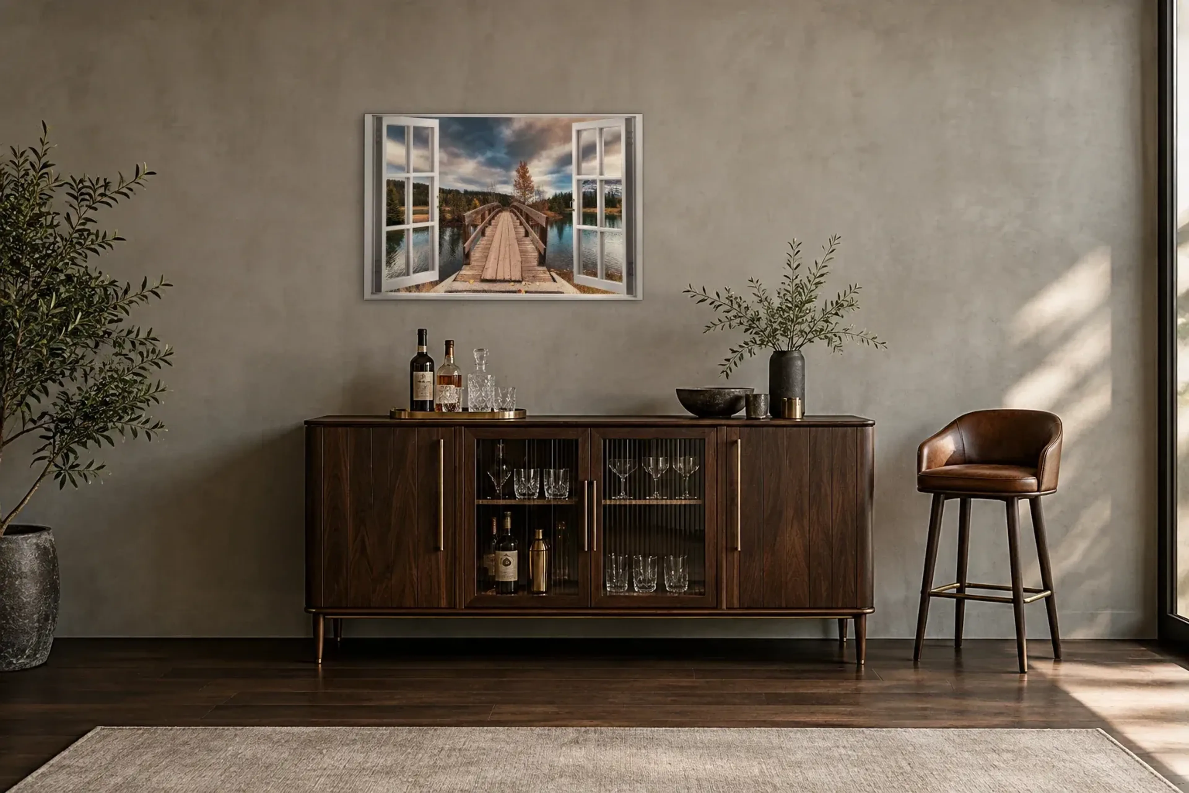 Holzbrücke im Herbst als Wandbild über einem 150-cm-Barschrank