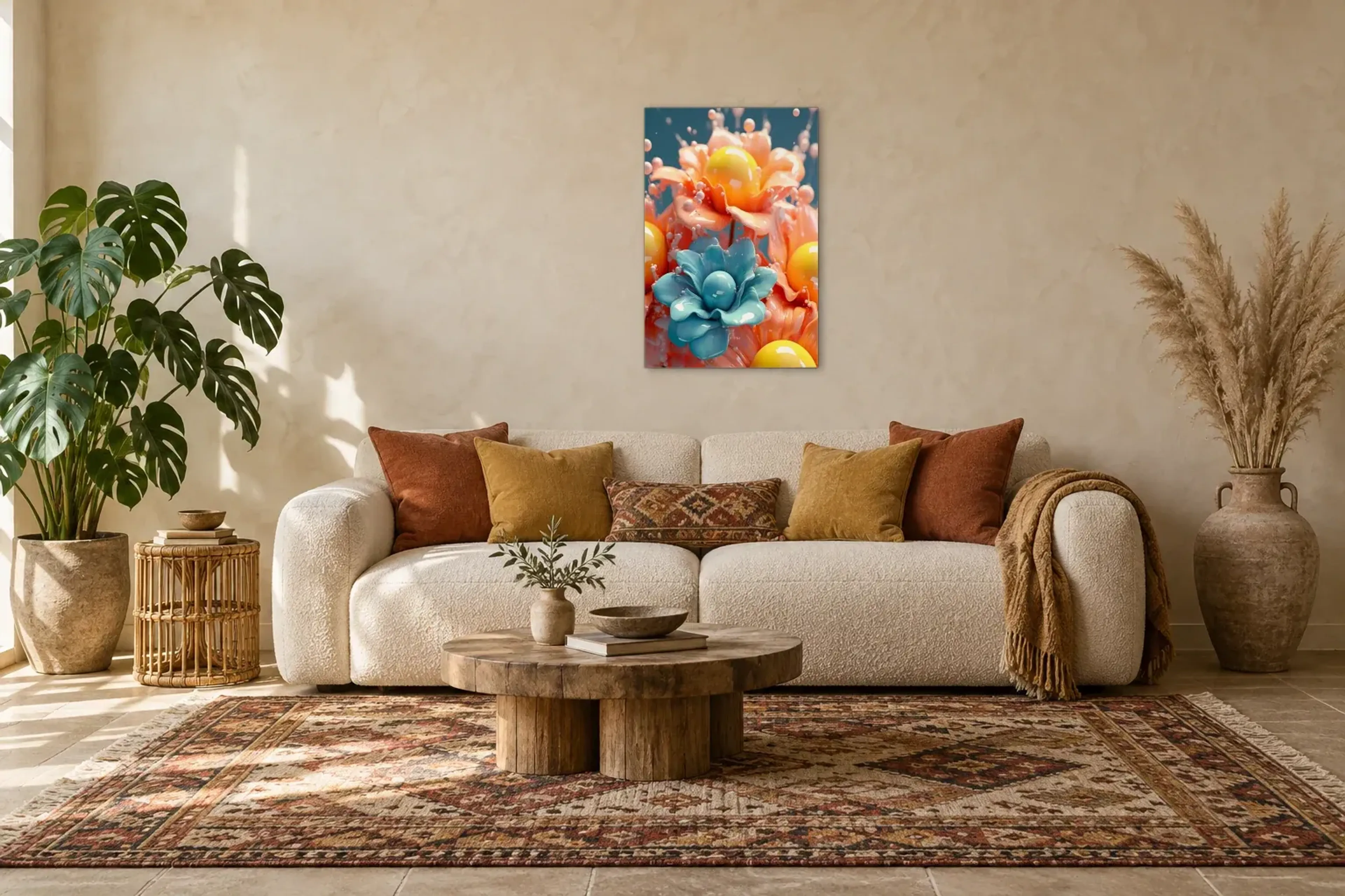 Glänzende Blütenwelten als Wandbild über einem 220-cm-Sofa
