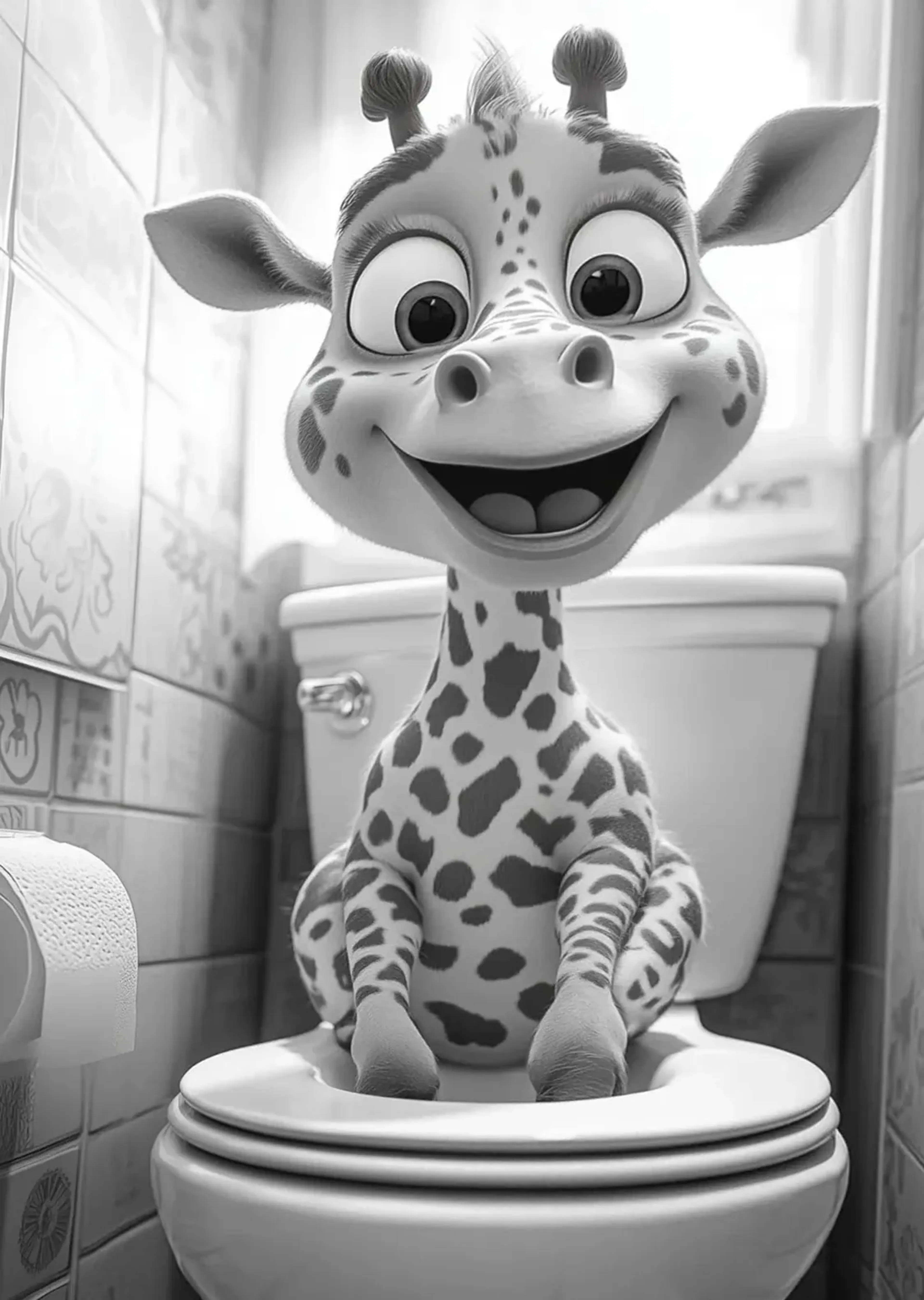 Eine fröhliche Giraffe sitzt mit offenem Mund auf einer Toilette vor gemusterten Fliesen und einem Fenster.