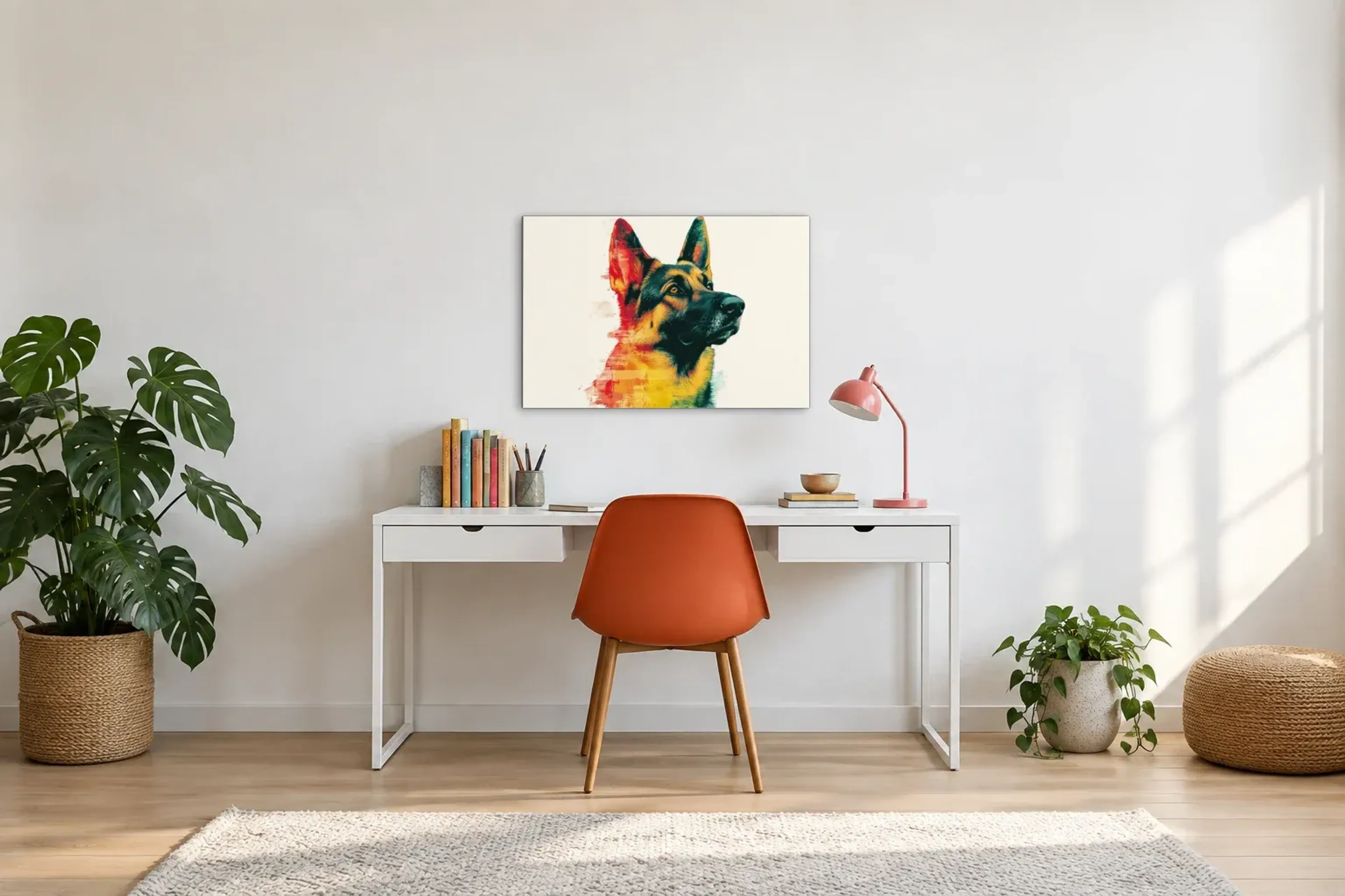 Schäferhund mit wachem Blick als Wandbild über einem 140-cm-Schreibtisch