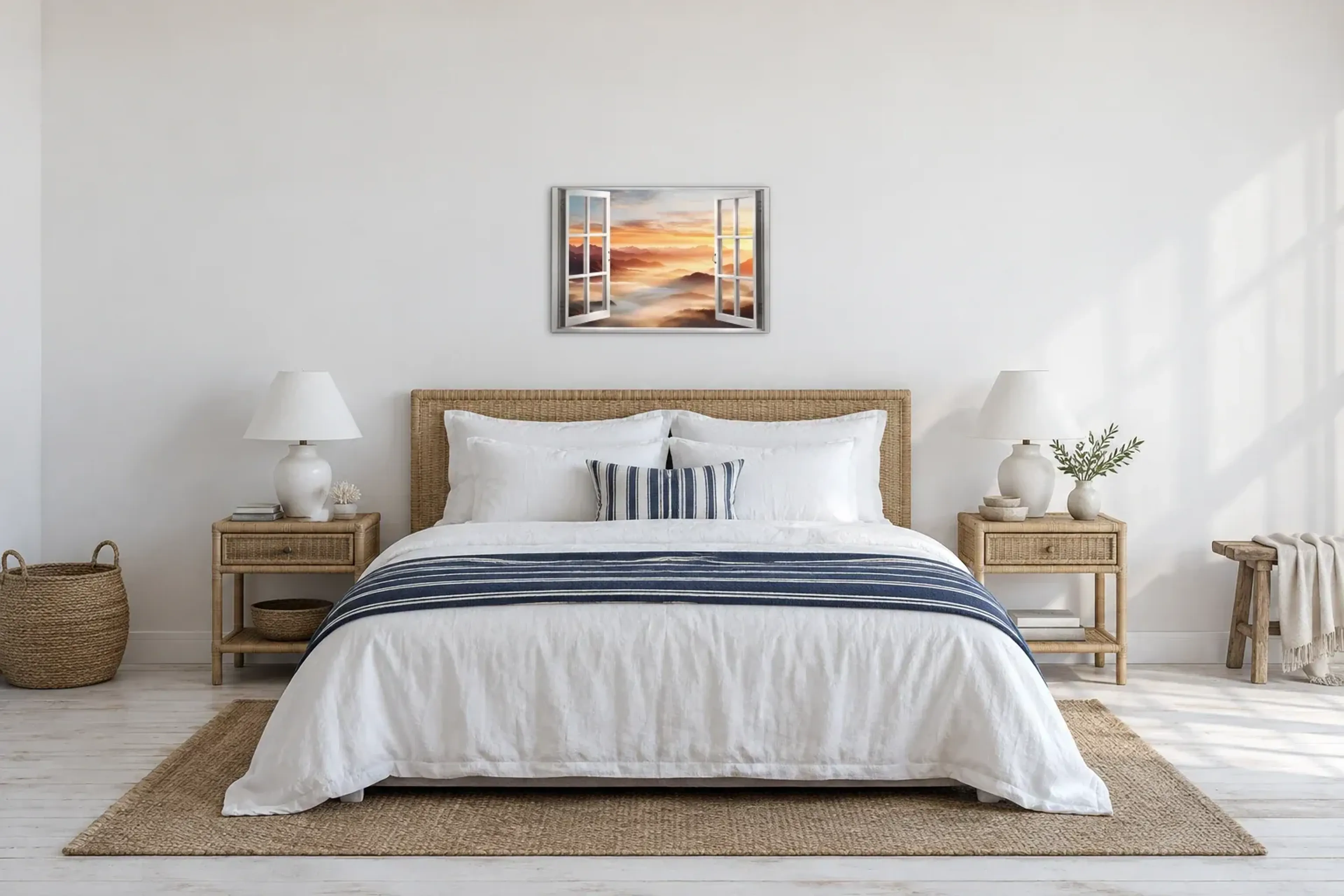 Berge im Nebelmeer als Wandbild über einem 180-cm-Bett