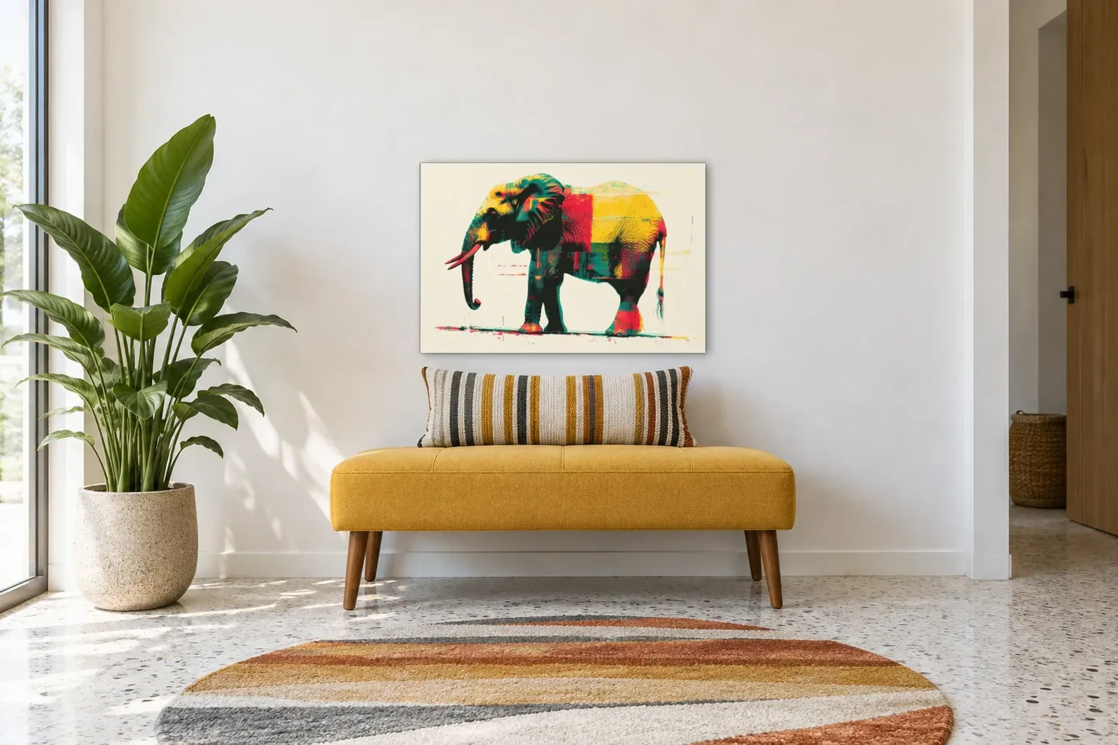 Elefant in Farbflächen als Wandbild über einer 120-cm-Bank