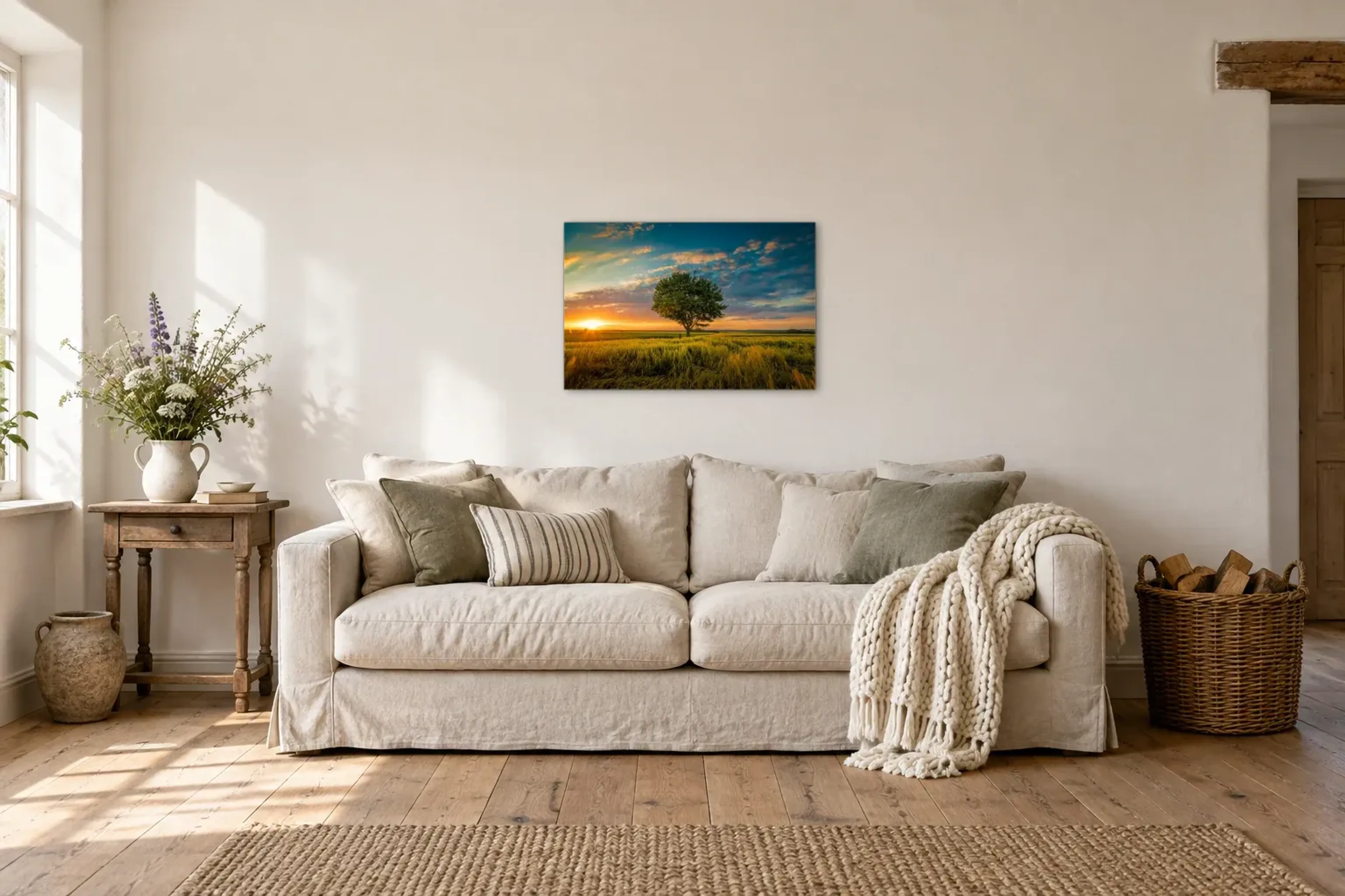 Baum im goldenen Feld als Wandbild über einem 220-cm-Sofa