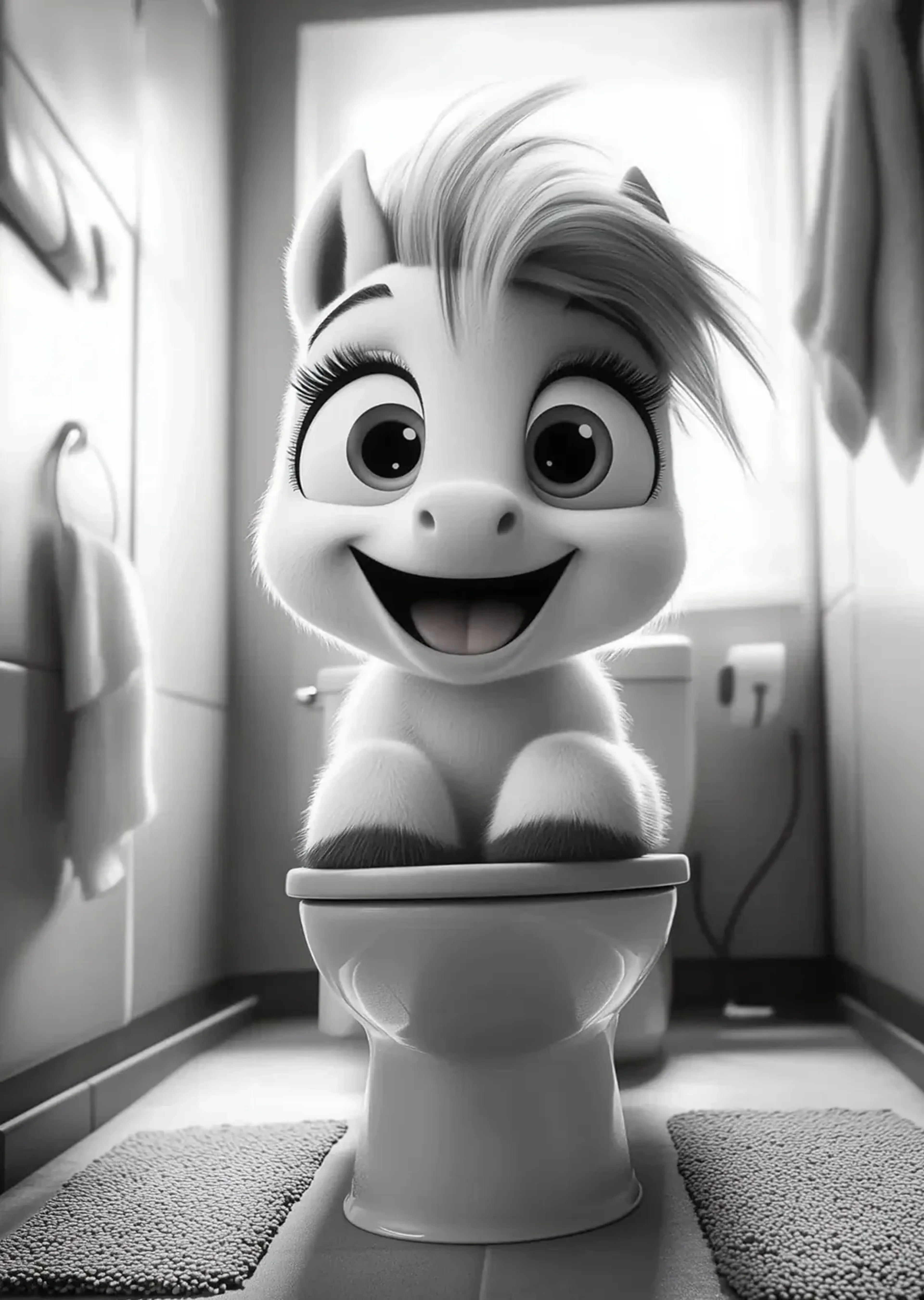 Helles Comic-Pony mit geschwungener Mähne auf einer Toilette zwischen Handtüchern und Badematten in Schwarz-Weiß.