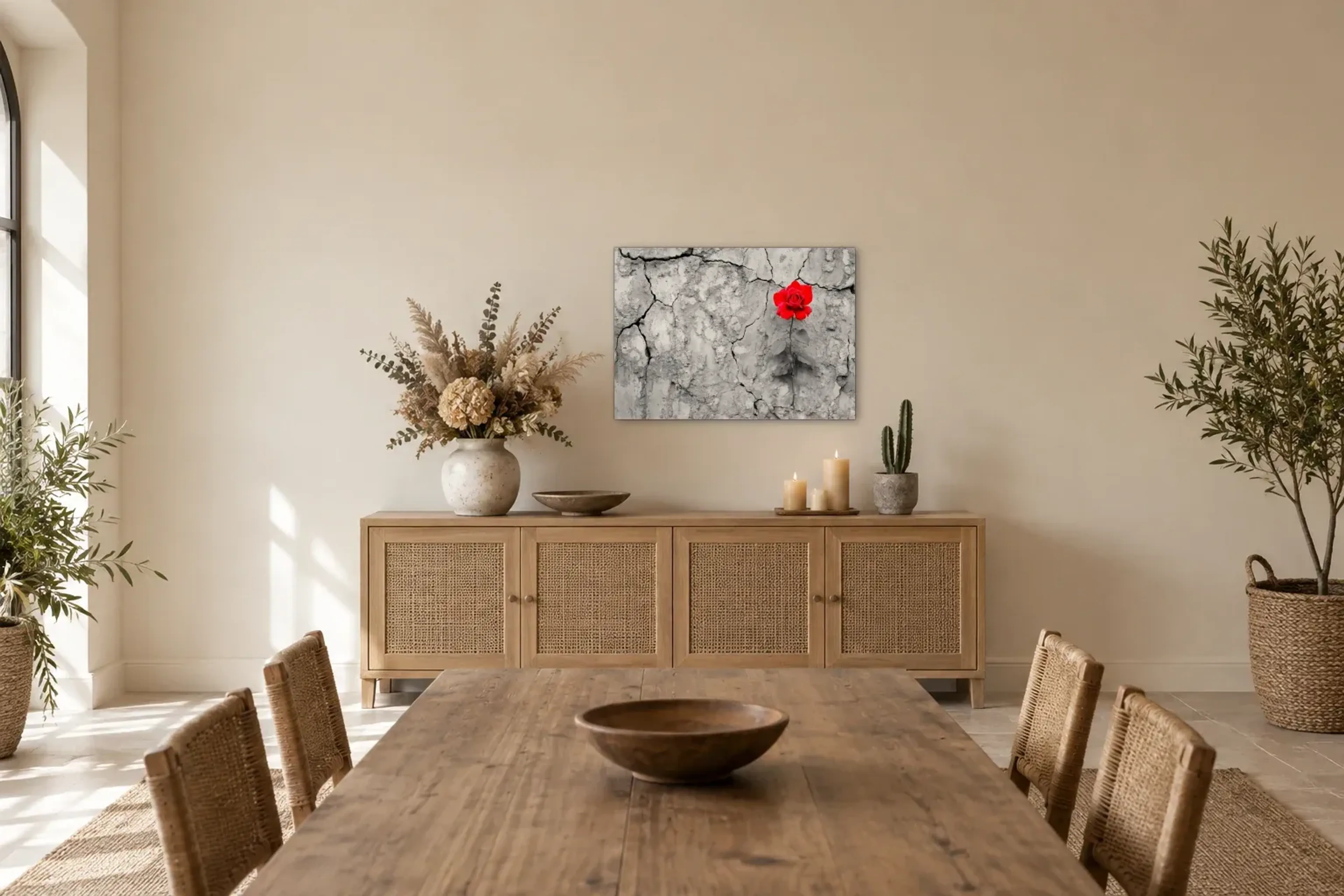 Rote Rose auf Rissen als Wandbild über einem 160-cm-Sideboard