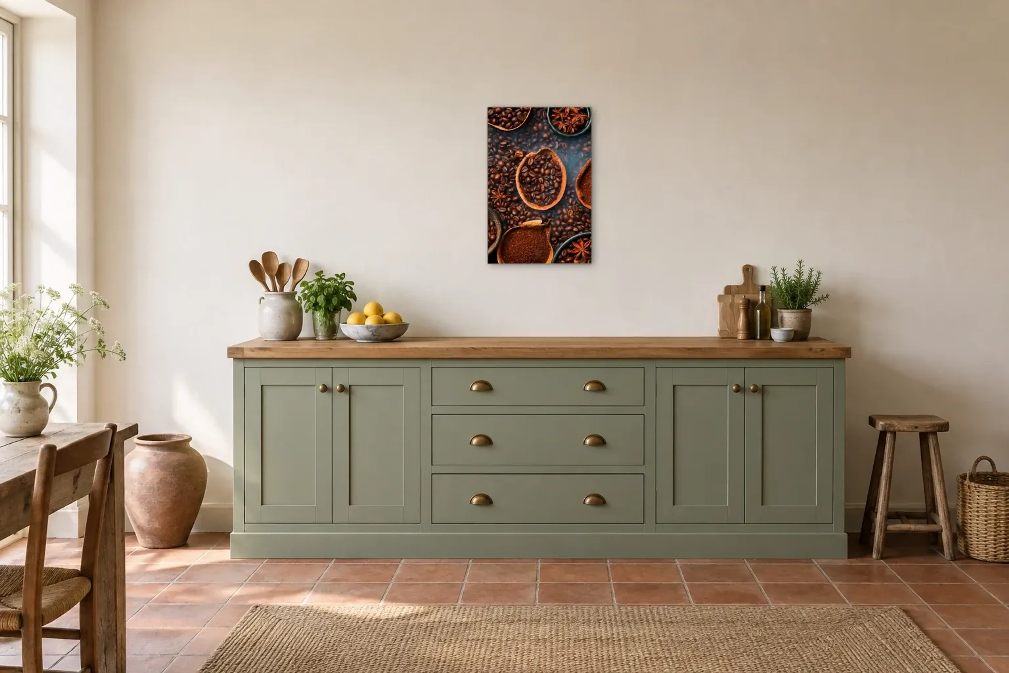 Kaffee von oben als Wandbild über einer 200-cm-Arbeitsplatte