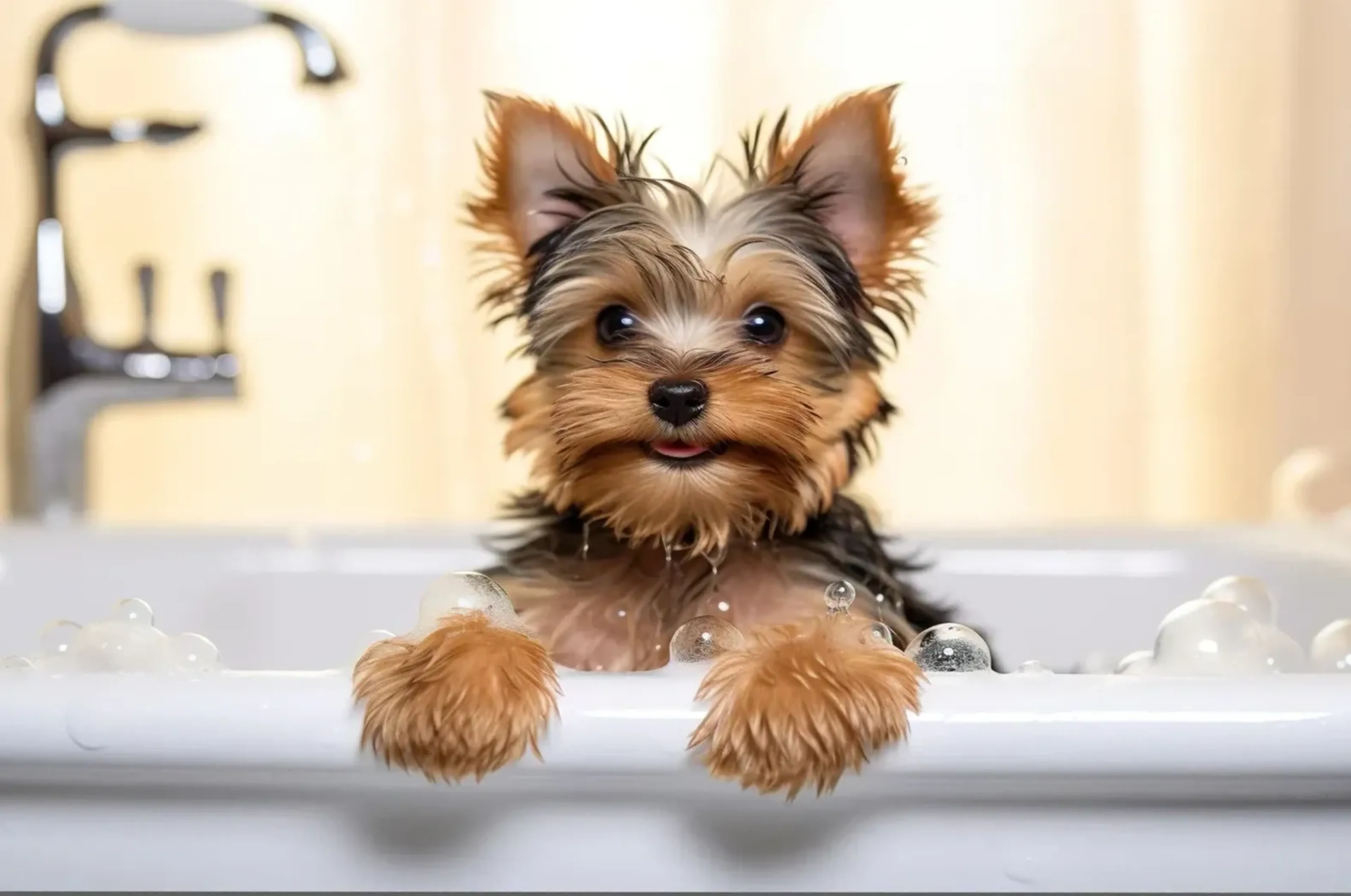 Yorkshire Terrier mit braunen Pfoten am weißen Wannenrand, umgeben von Schaum vor cremefarbenem Hintergrund.
