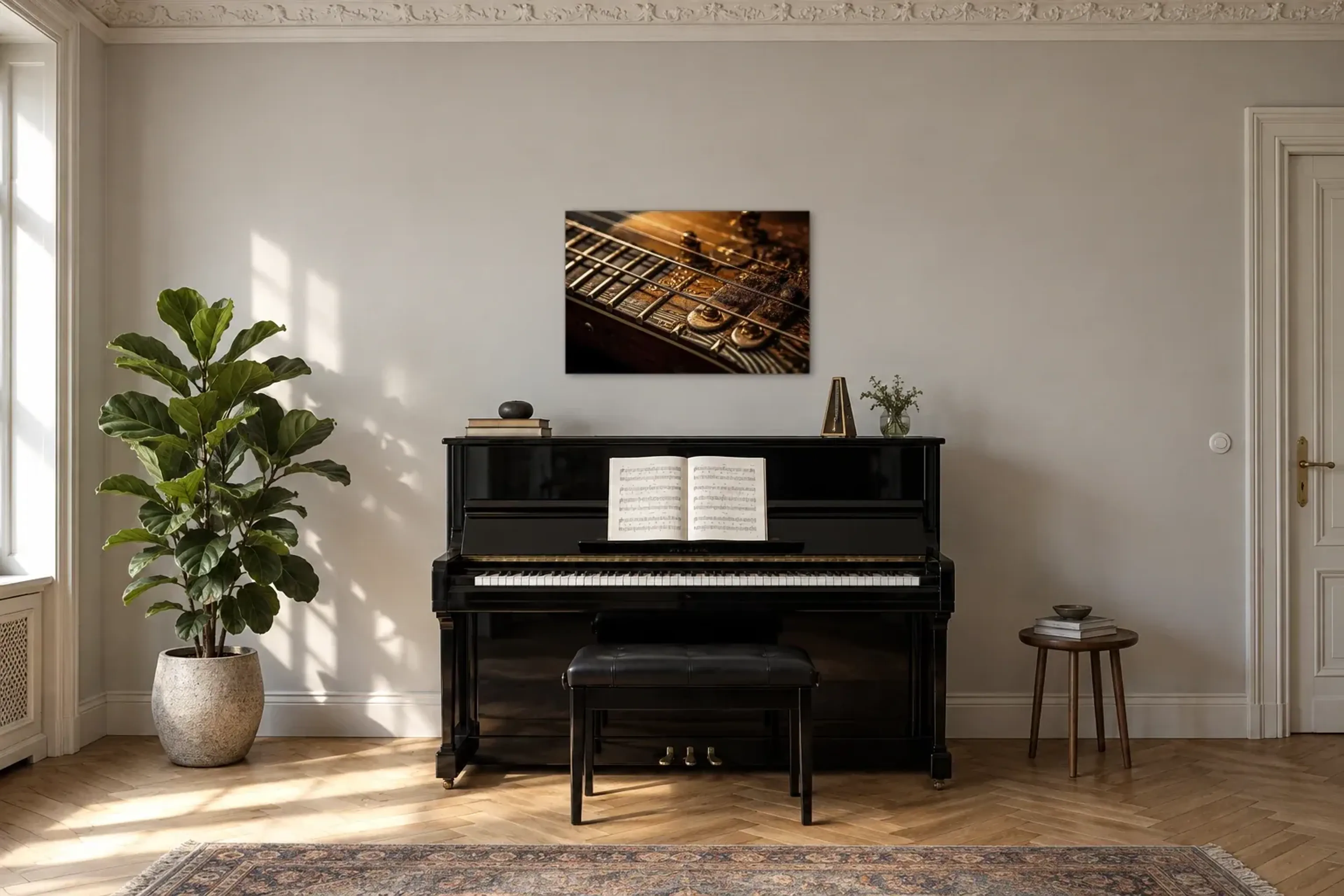 Gitarrensaiten im Detail als Wandbild über einem 150-cm-Klavier