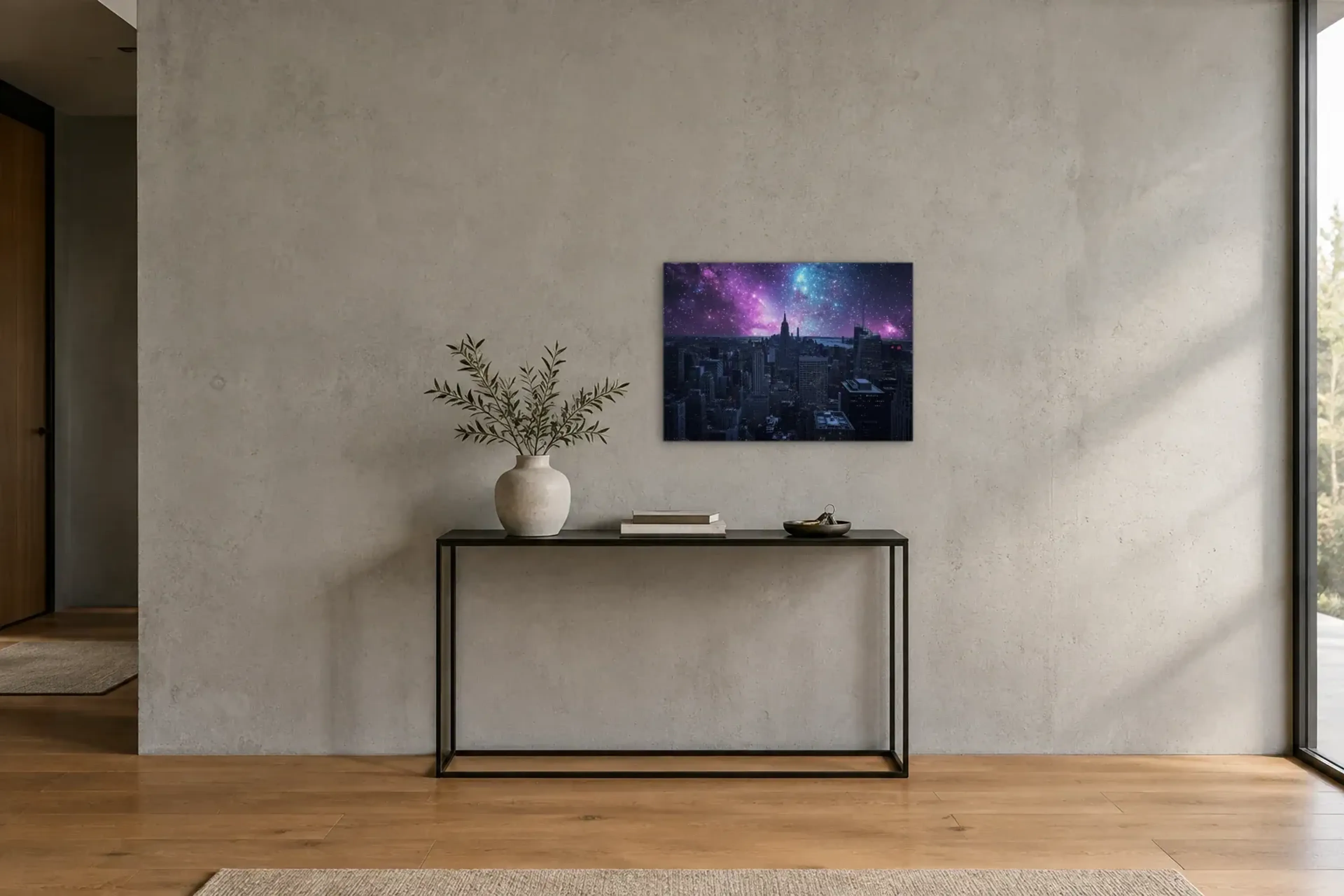 Galaxie über der Stadt als Wandbild über einer 120-cm-Konsole