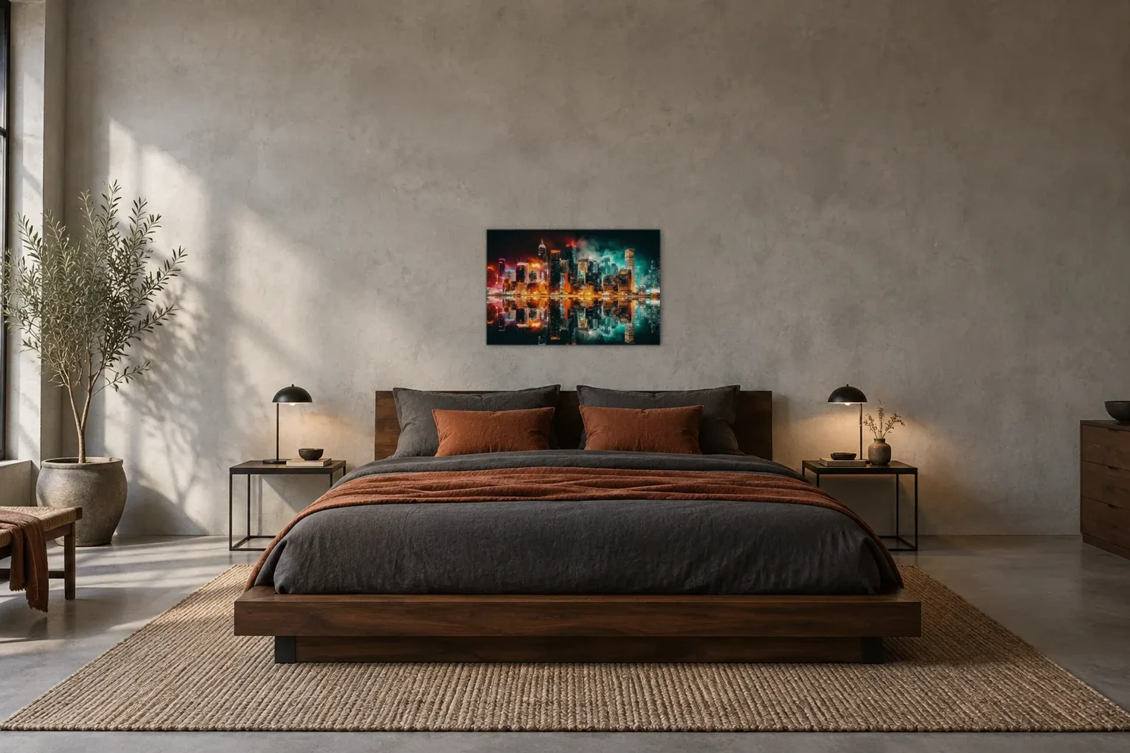 Skyline im Lichtermeer als Wandbild über einem 180-cm-Bett