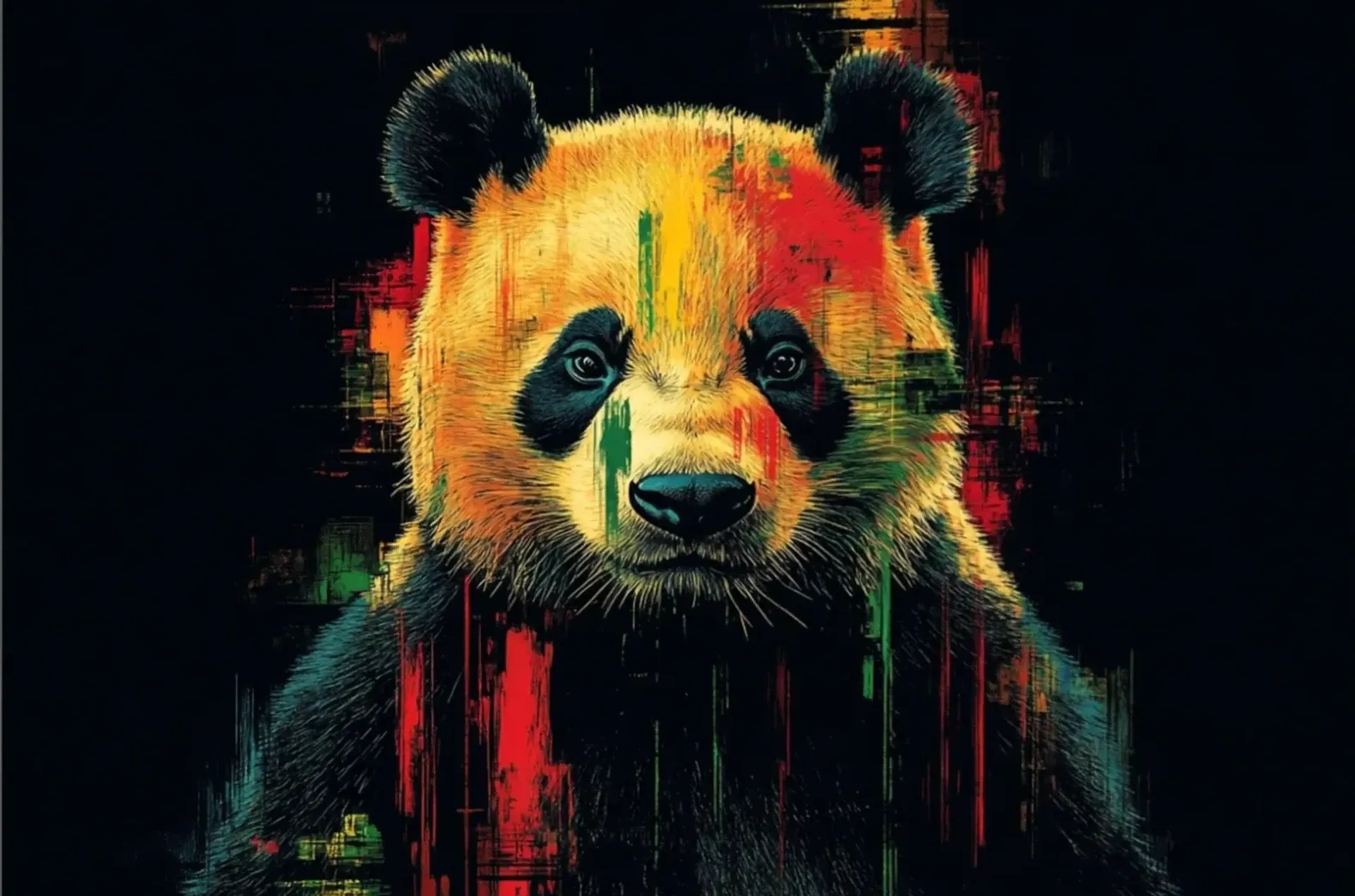 Panda mit gelb-orangefarbenem Gesicht und roten sowie grünen Farbspuren vor fast schwarzem Hintergrund.