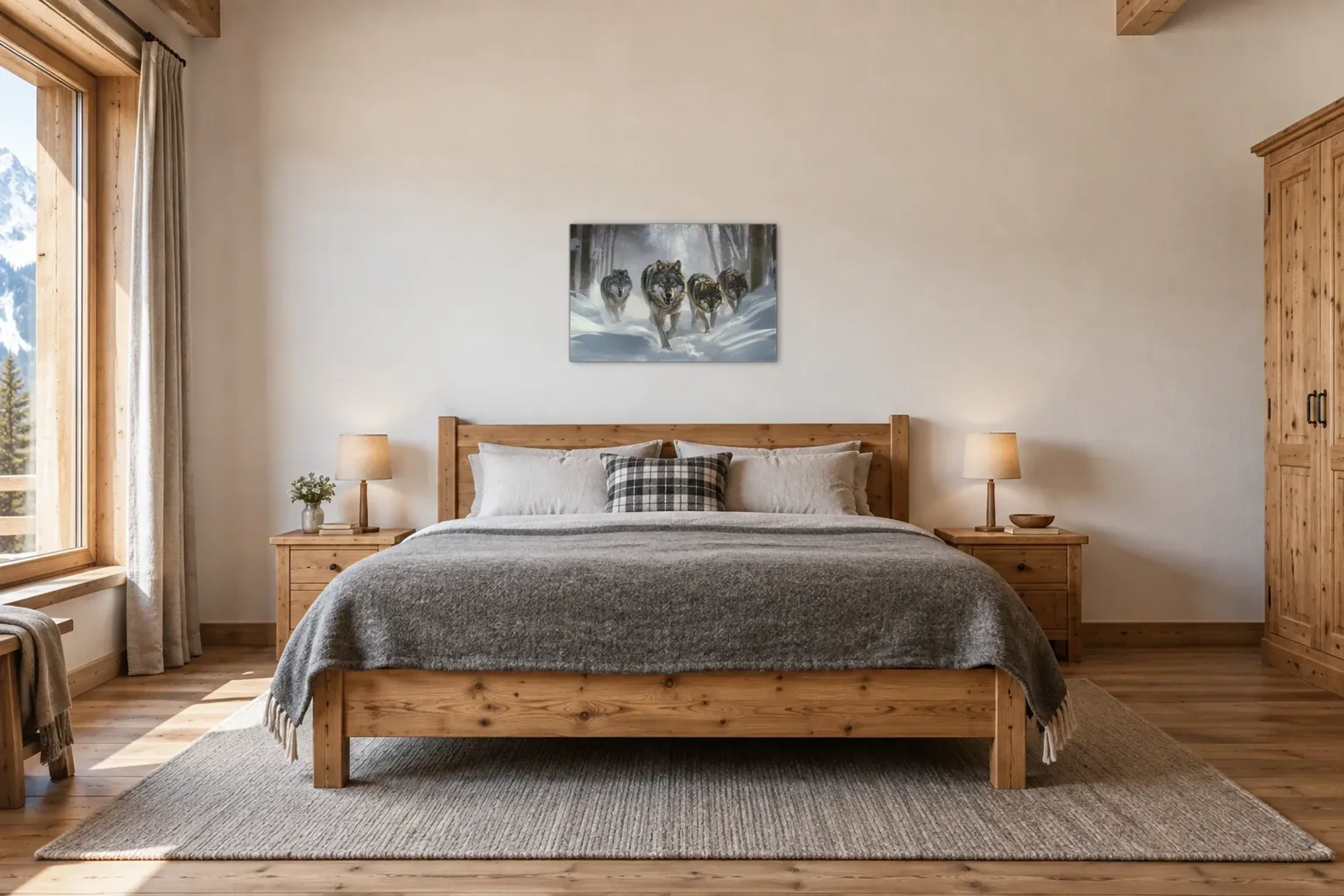 Wolfsrudel im Schnee als Wandbild über einem 180-cm-Bett