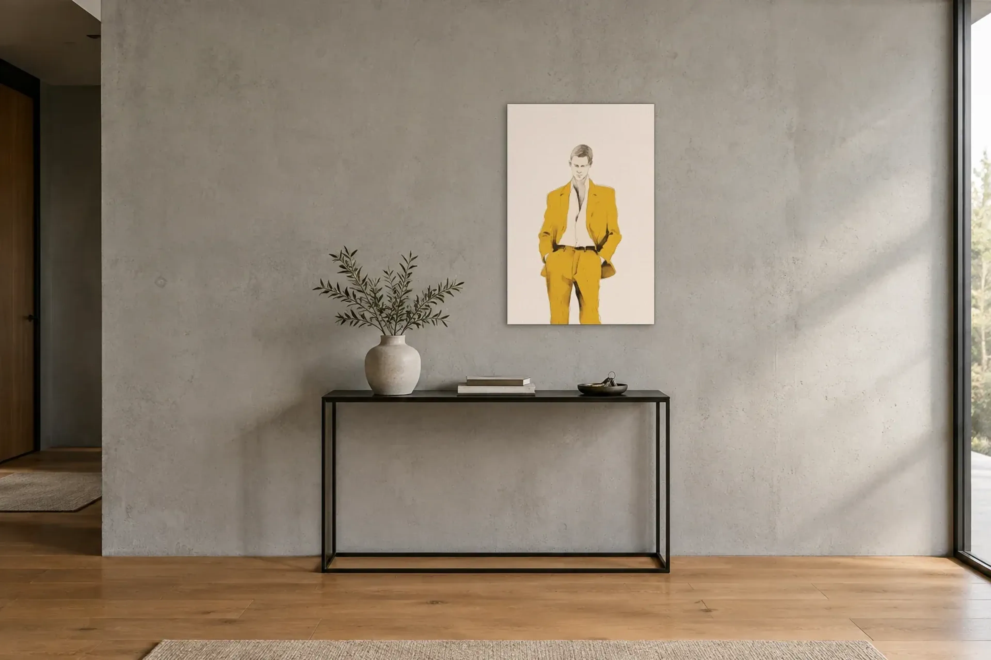 Mann im gelben Anzug als Wandbild über einer 120-cm-Konsole
