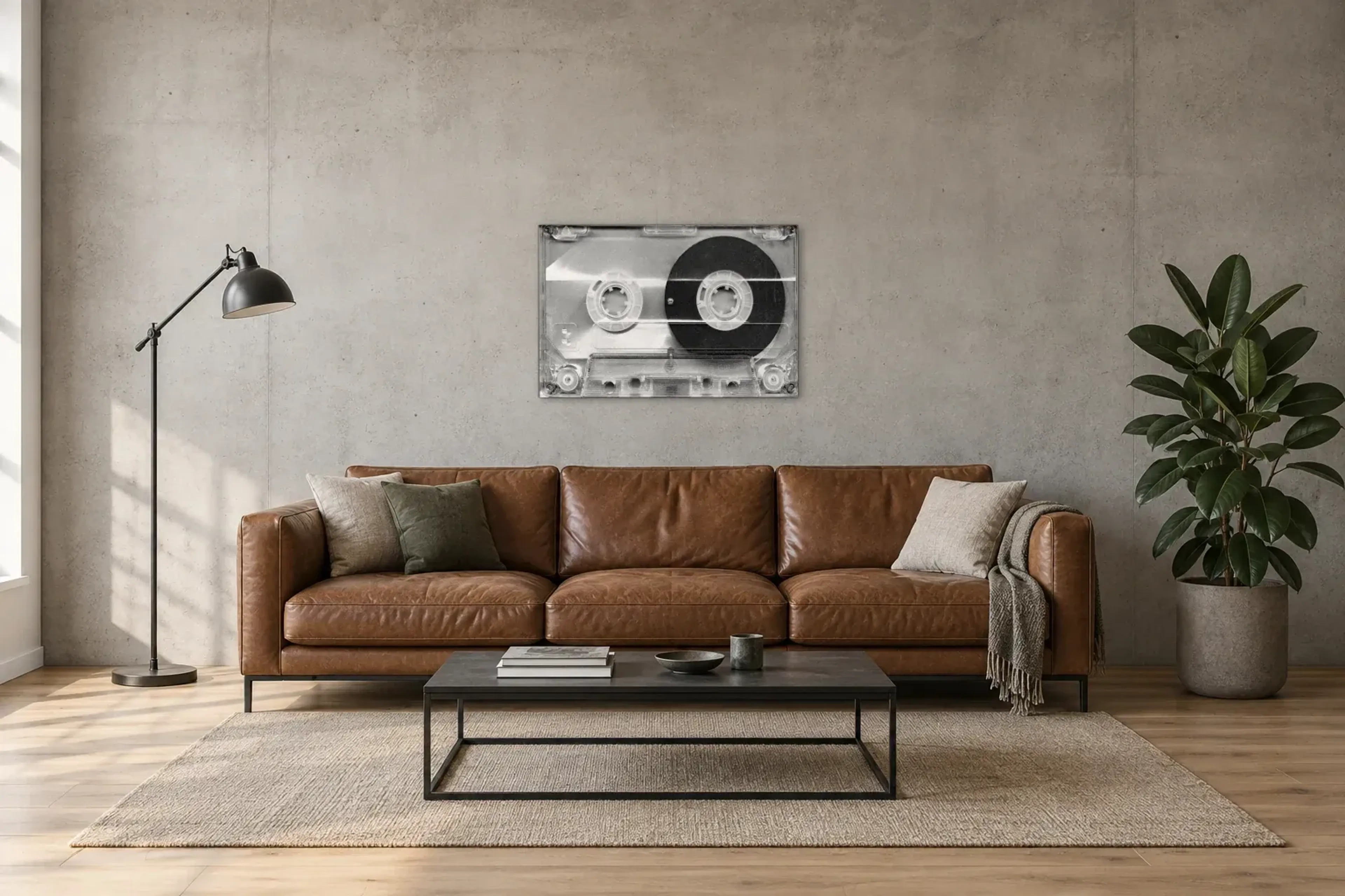 Musik-Kassette durchsichtig als Wandbild über einem 220-cm-Sofa