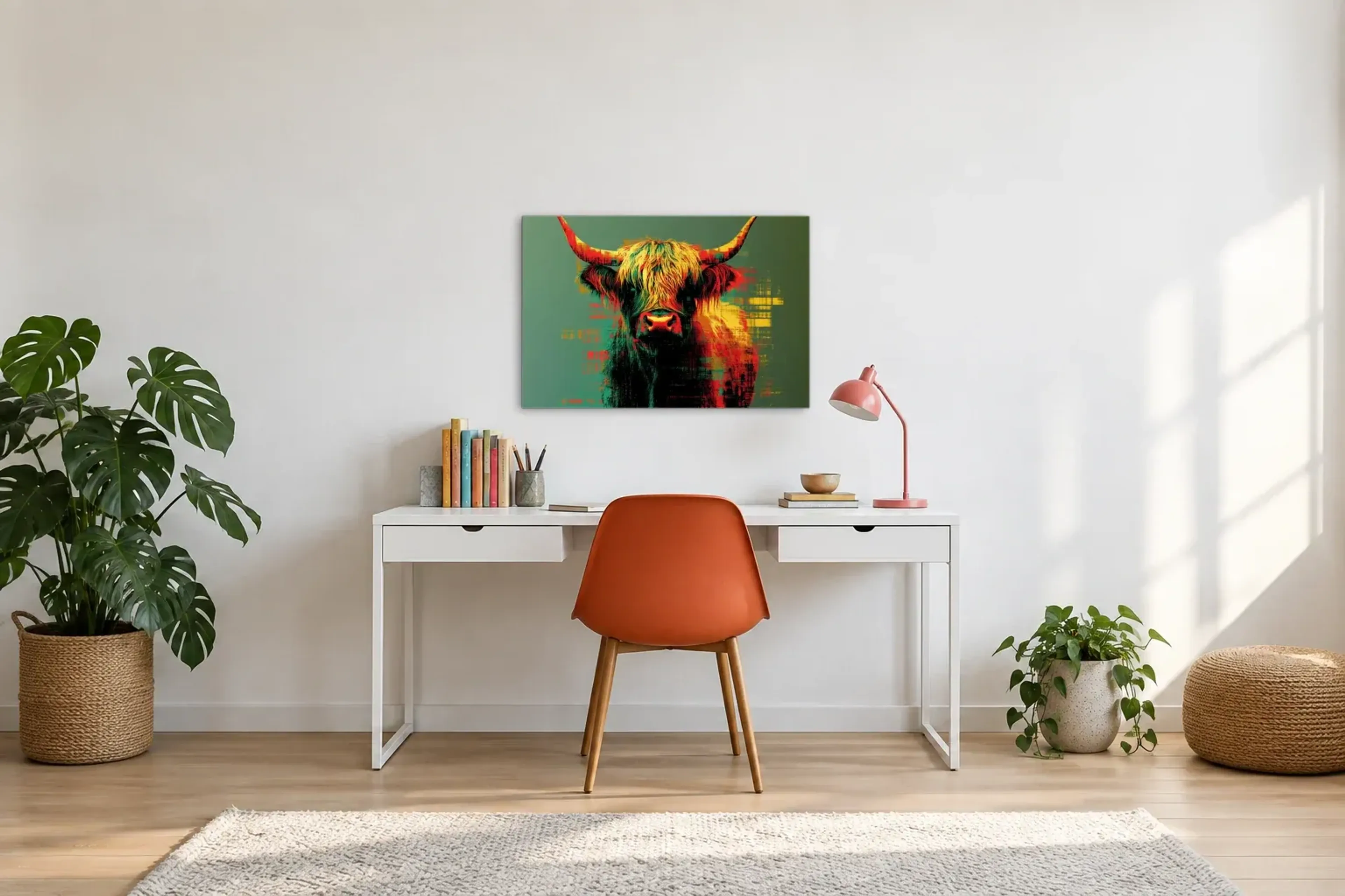 Zotteliges Hochlandrind als Wandbild über einem 140-cm-Schreibtisch