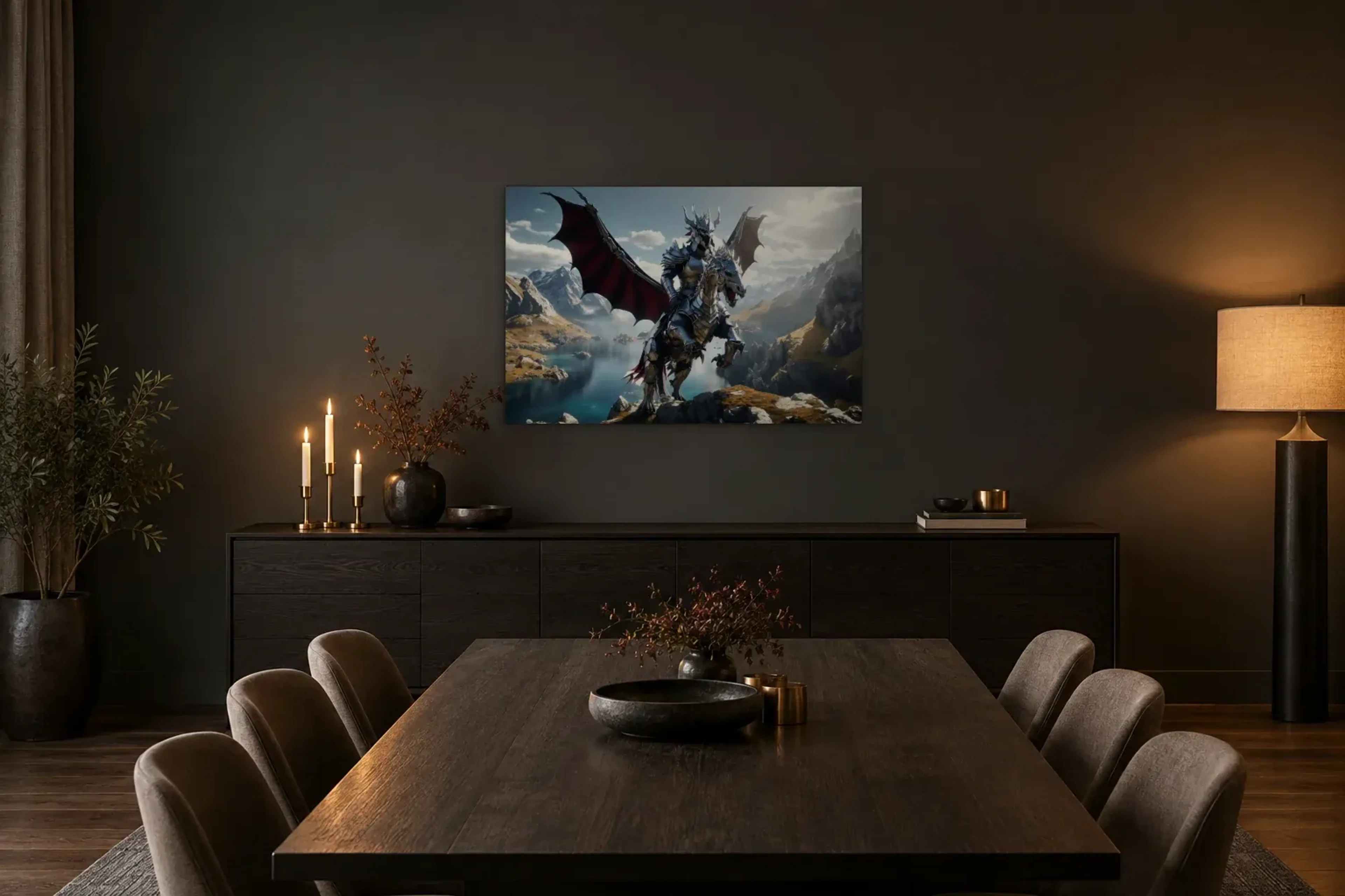 Drachenreiter am Bergsee als Wandbild über einem 180-cm-Sideboard