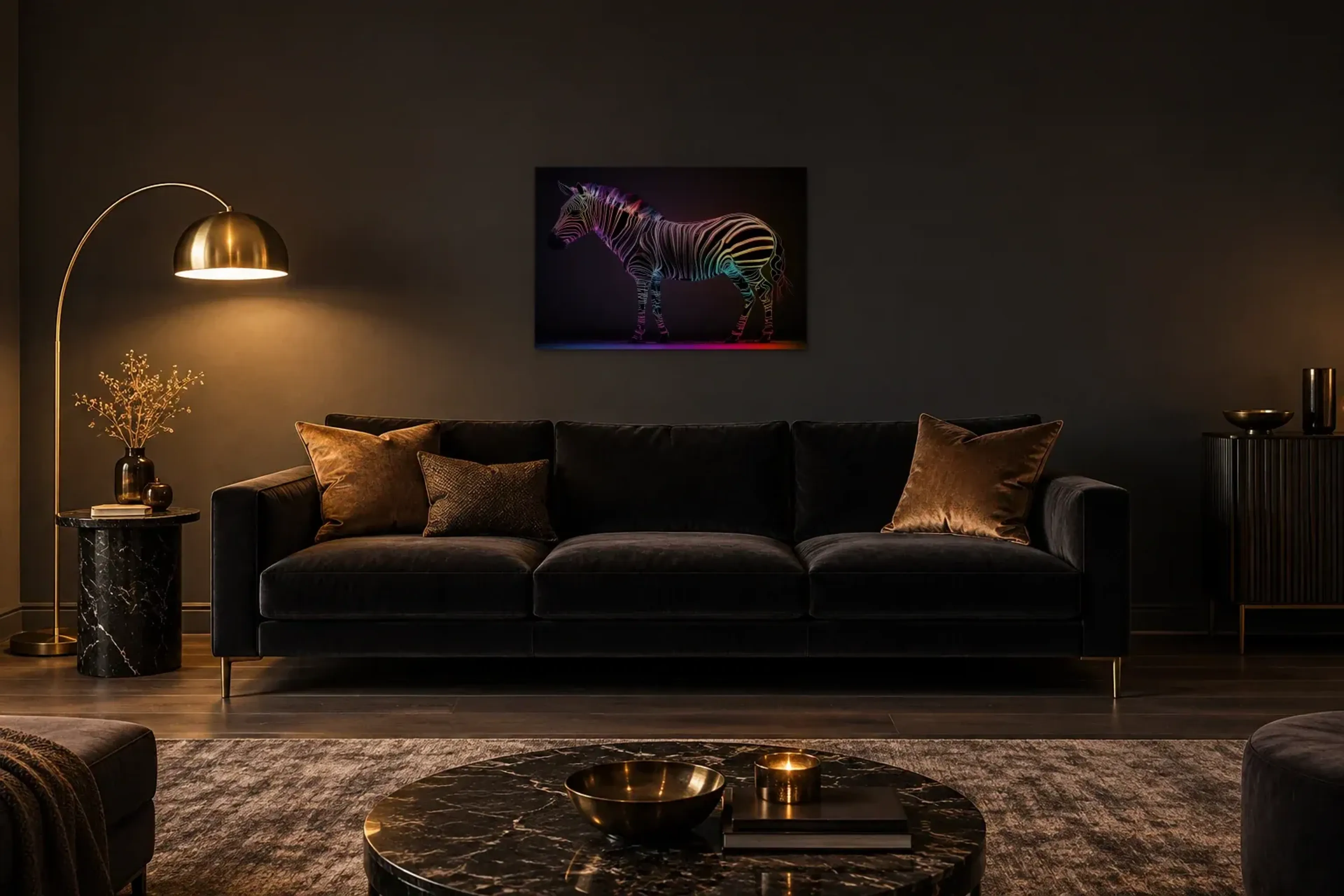 Zebra in Leuchtfarben als Wandbild über einem 220-cm-Sofa