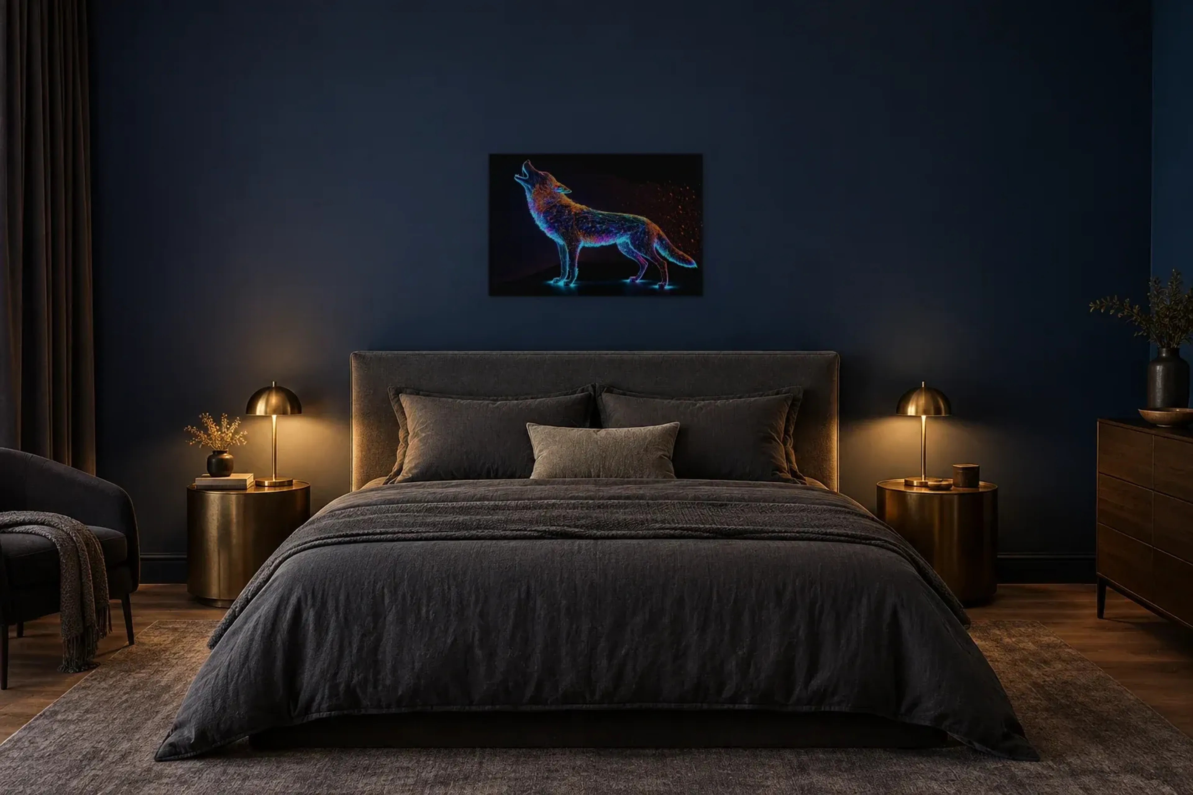 Heulender Neonwolf als Wandbild über einem 180-cm-Bett