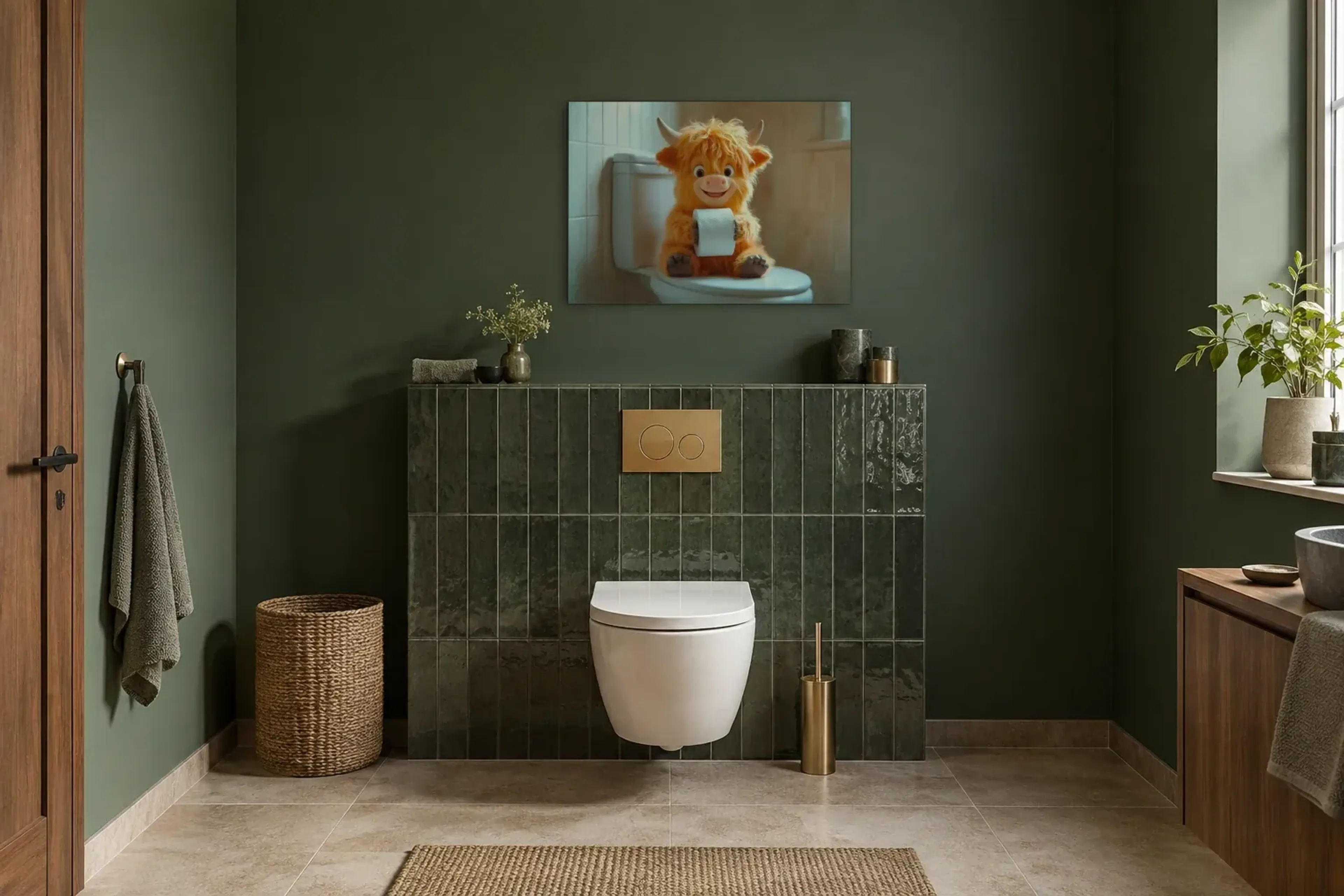 Hochlandrind mit kleinen Hörnern als Wandbild im Gäste-WC