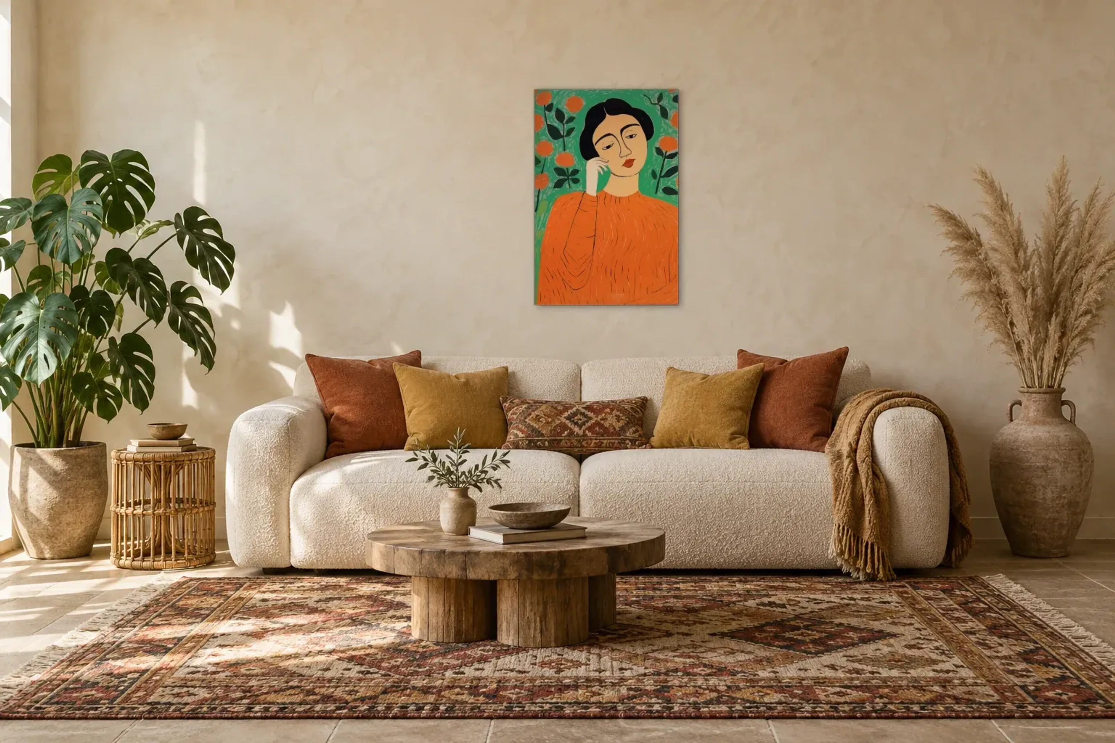 Frau in Orange als Wandbild über einem 220-cm-Sofa