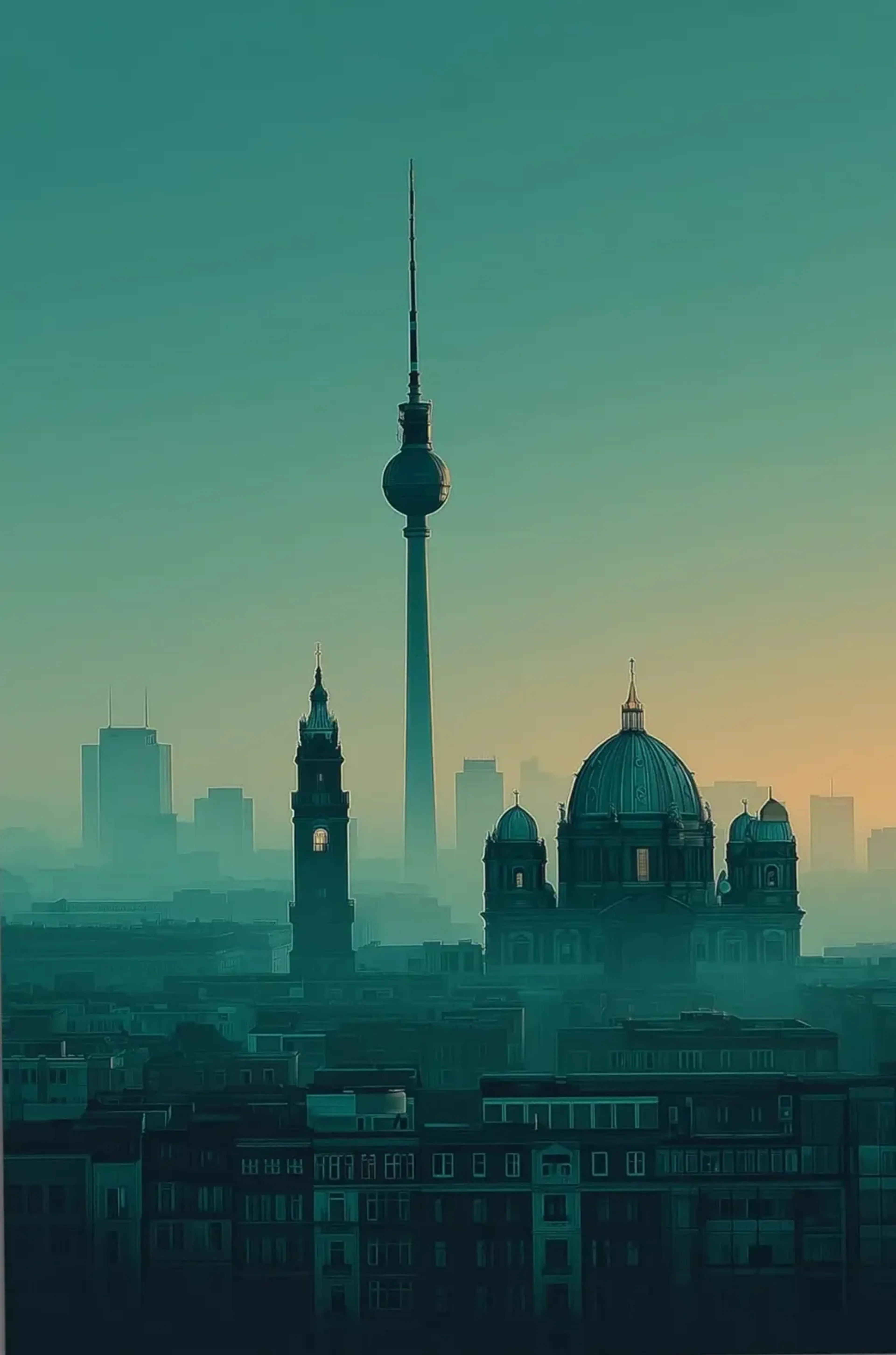 Fernsehturm und Berliner Dom ragen über dunkle Dächer in türkisfarbenen Dunst mit gelblichem Licht am Horizont.