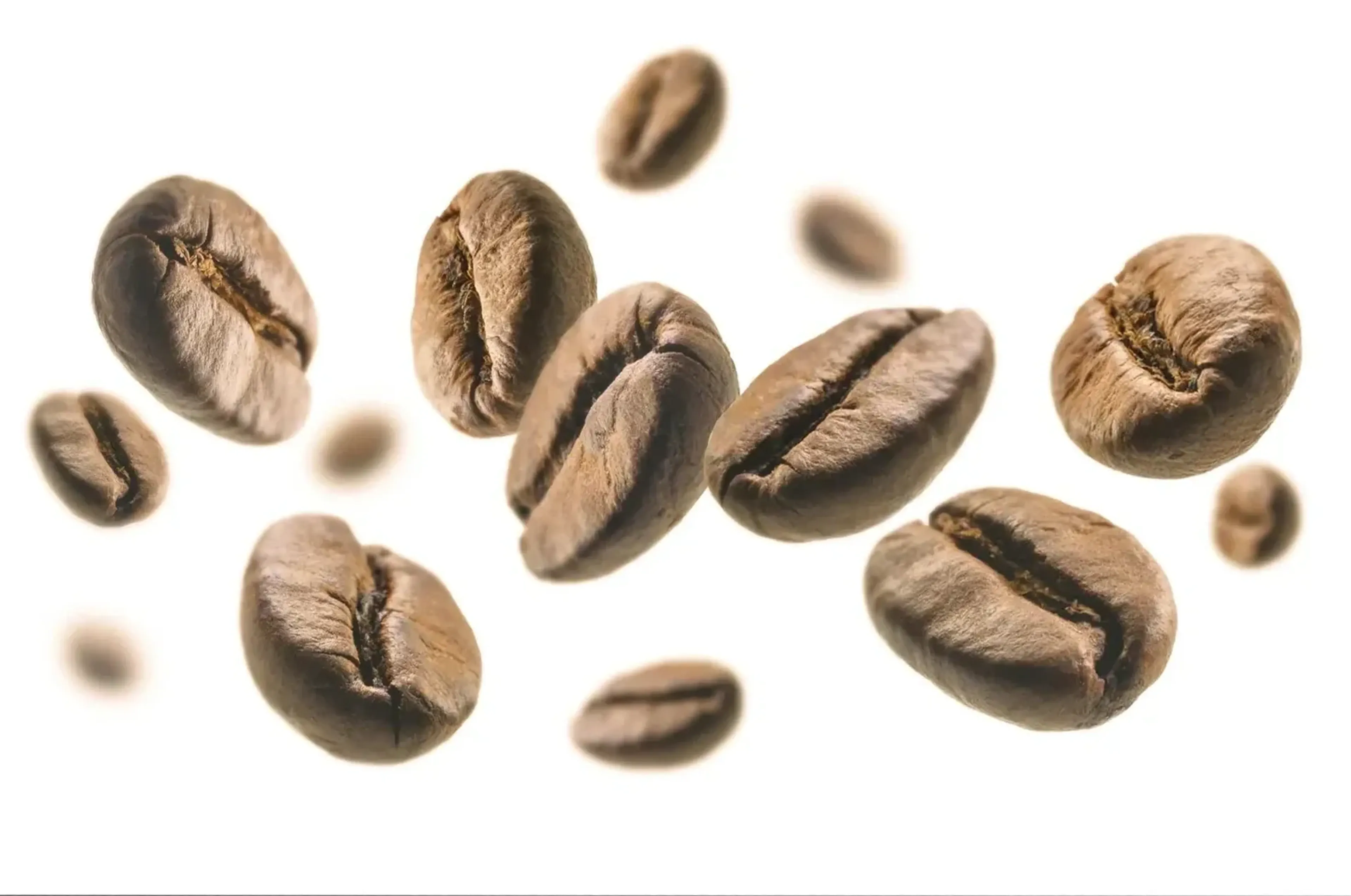 Hellbraune Kaffeebohnen in unterschiedlichen Größen und Schärfen scheinen vor weißem Hintergrund zu schweben.
