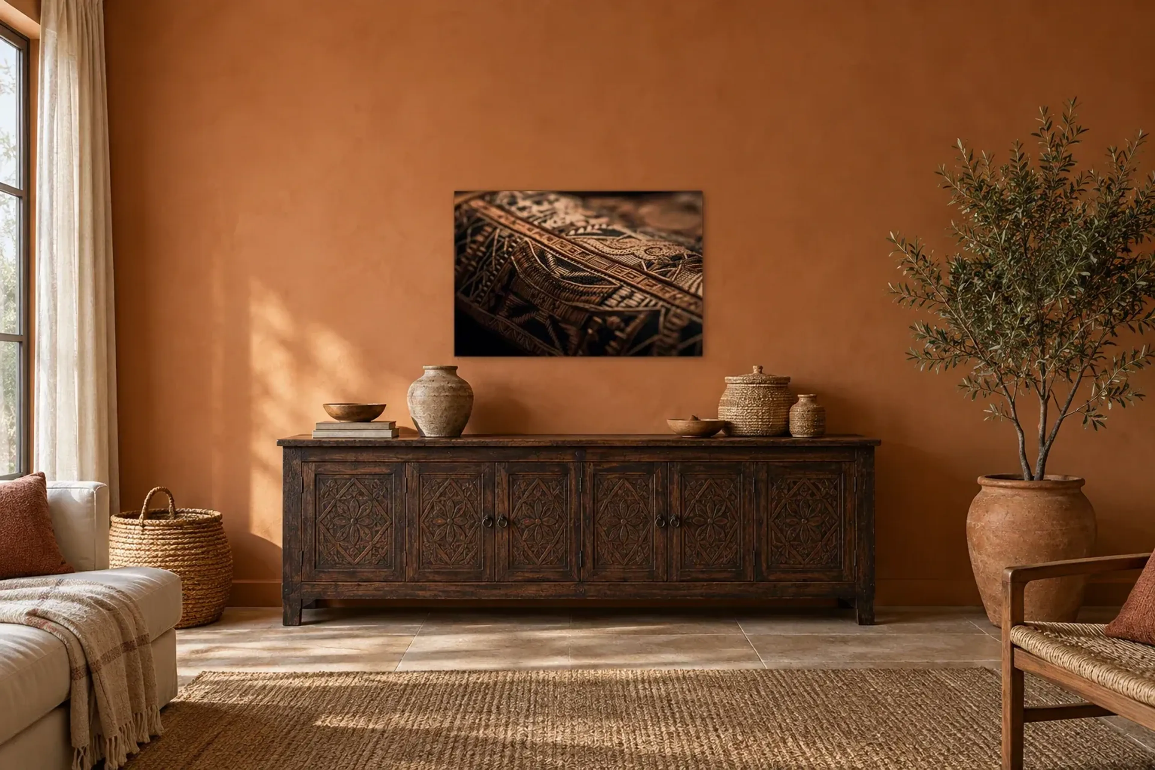 Geometrie in Erdtönen als Wandbild über einem 180-cm-Sideboard