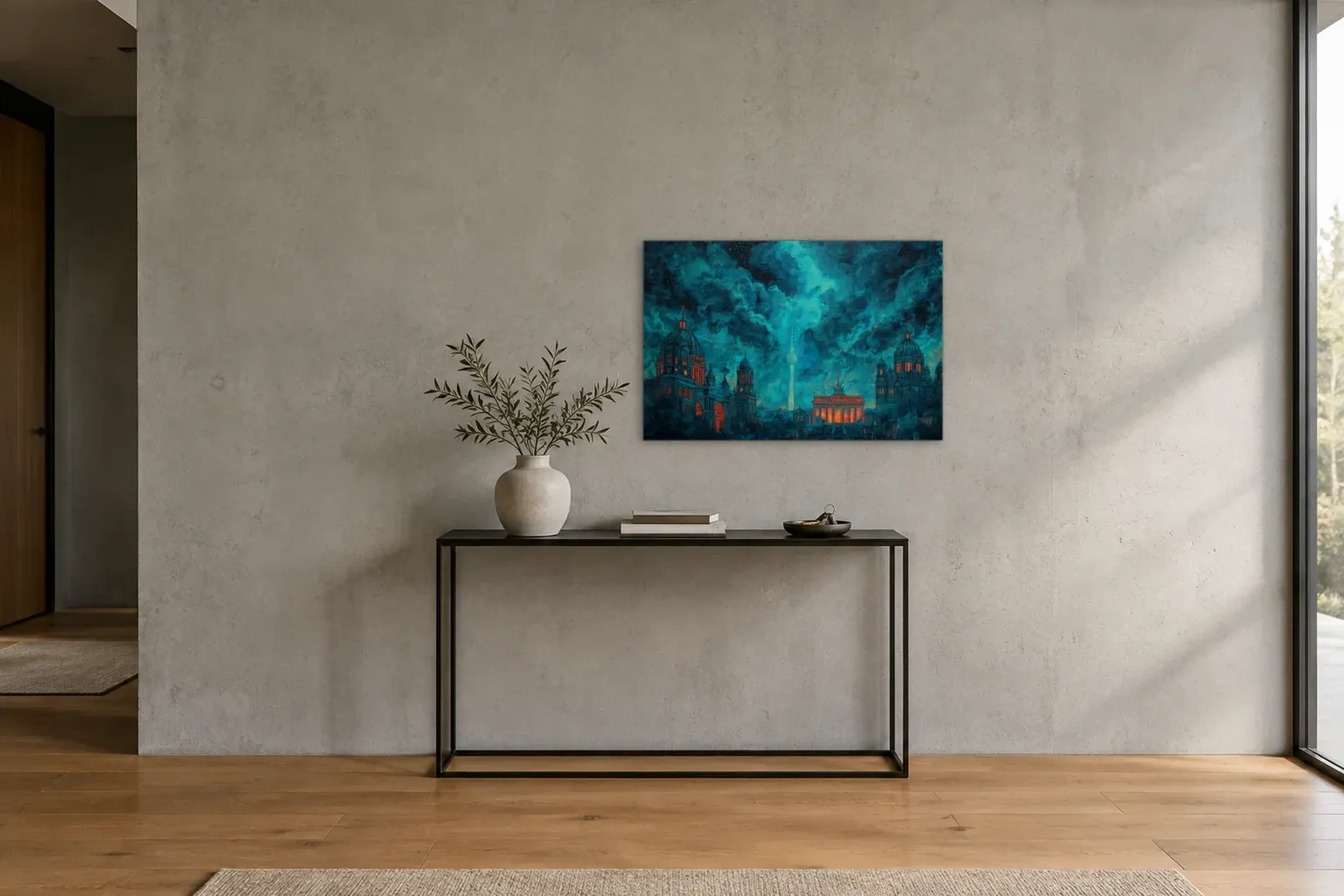 Berlin unter wirbelnden Wolken als Wandbild über einer 120-cm-Konsole