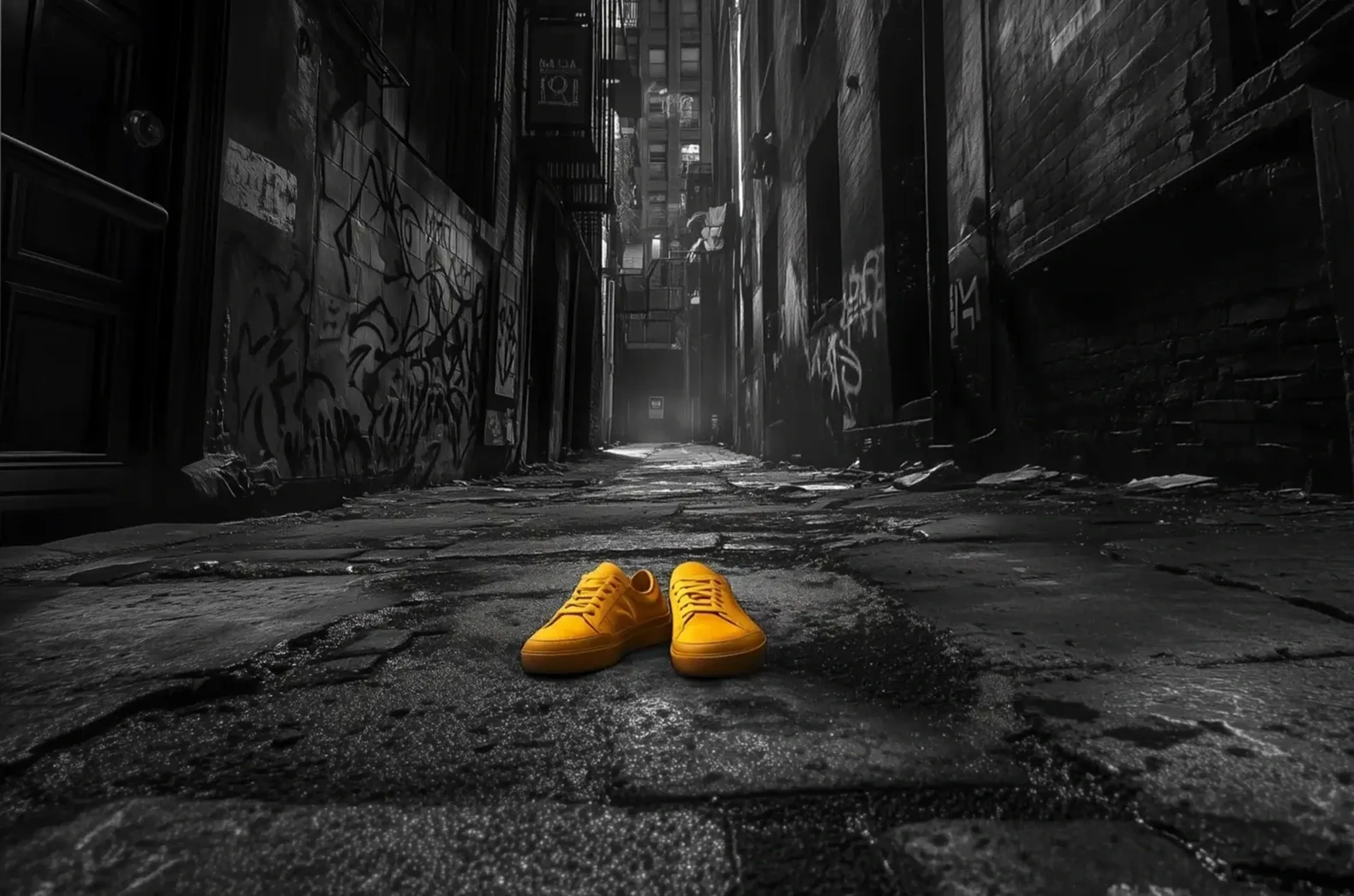 Gelbe Sneaker stehen auf rissigem Boden in einer dunklen Gasse mit hohen Fassaden und Graffiti.
