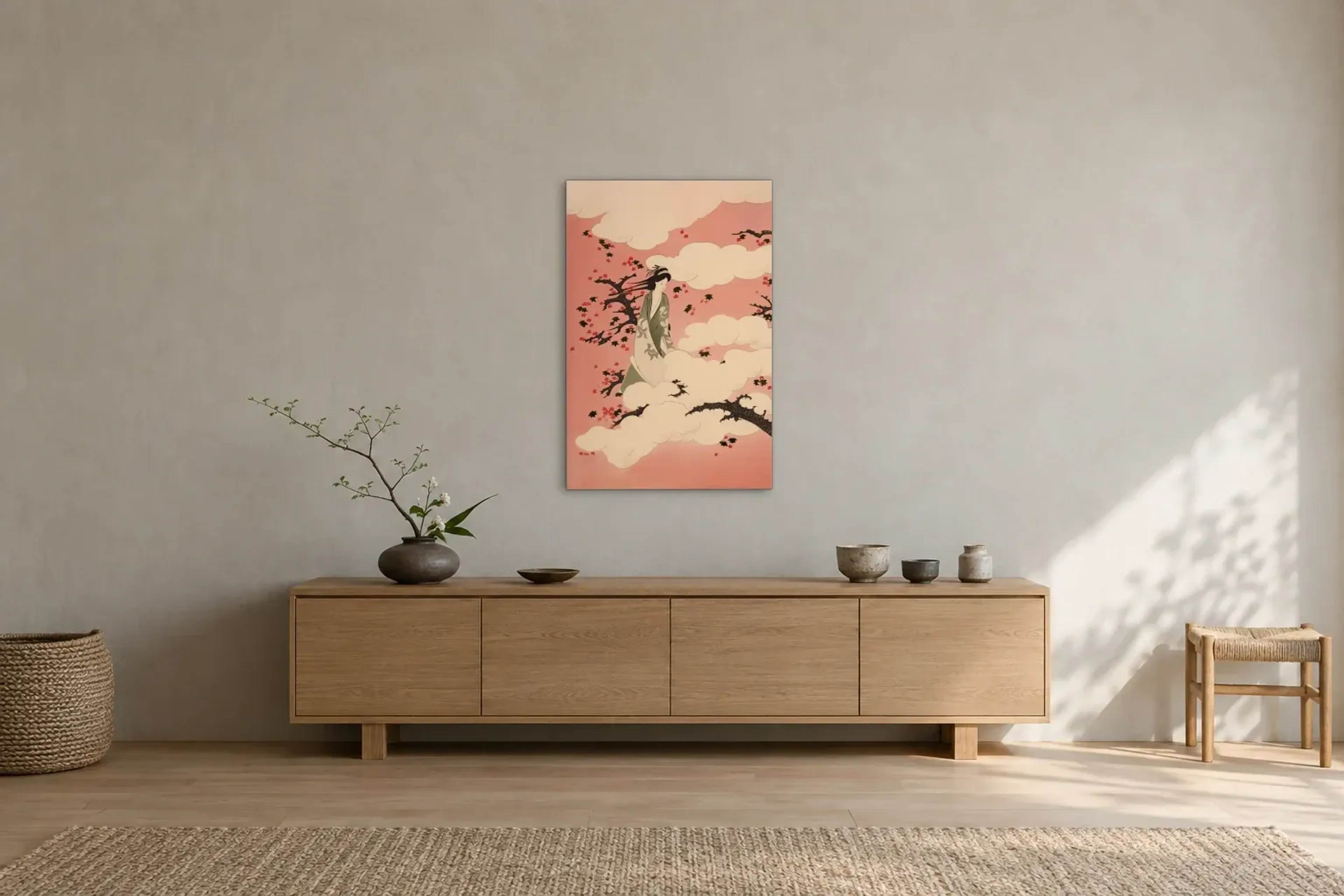 Zwischen Zweigen und Wolken als Wandbild über einem 180-cm-Sideboard