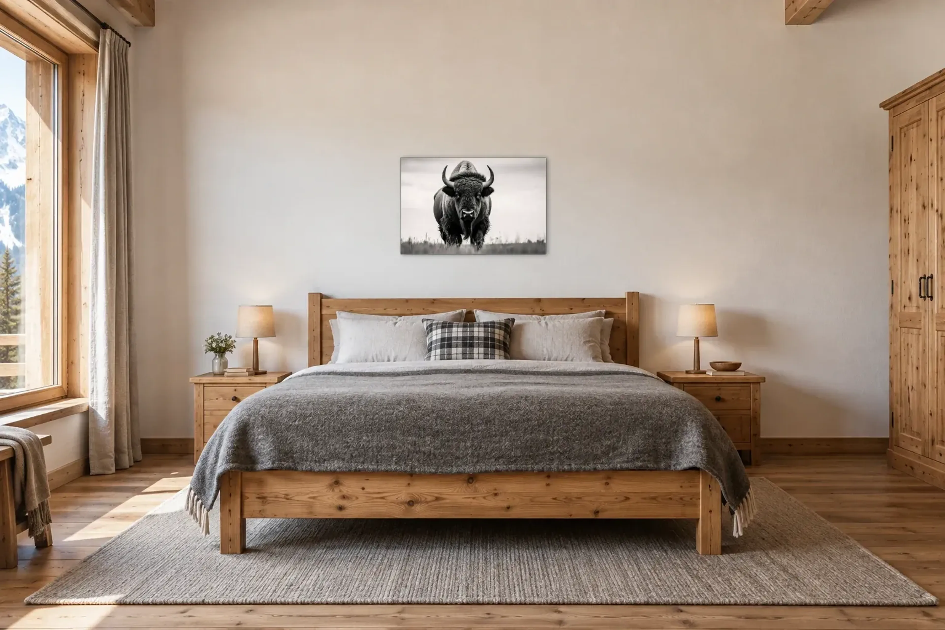 Bison frontal in Schwarz-Weiß als Wandbild über einem 180-cm-Bett