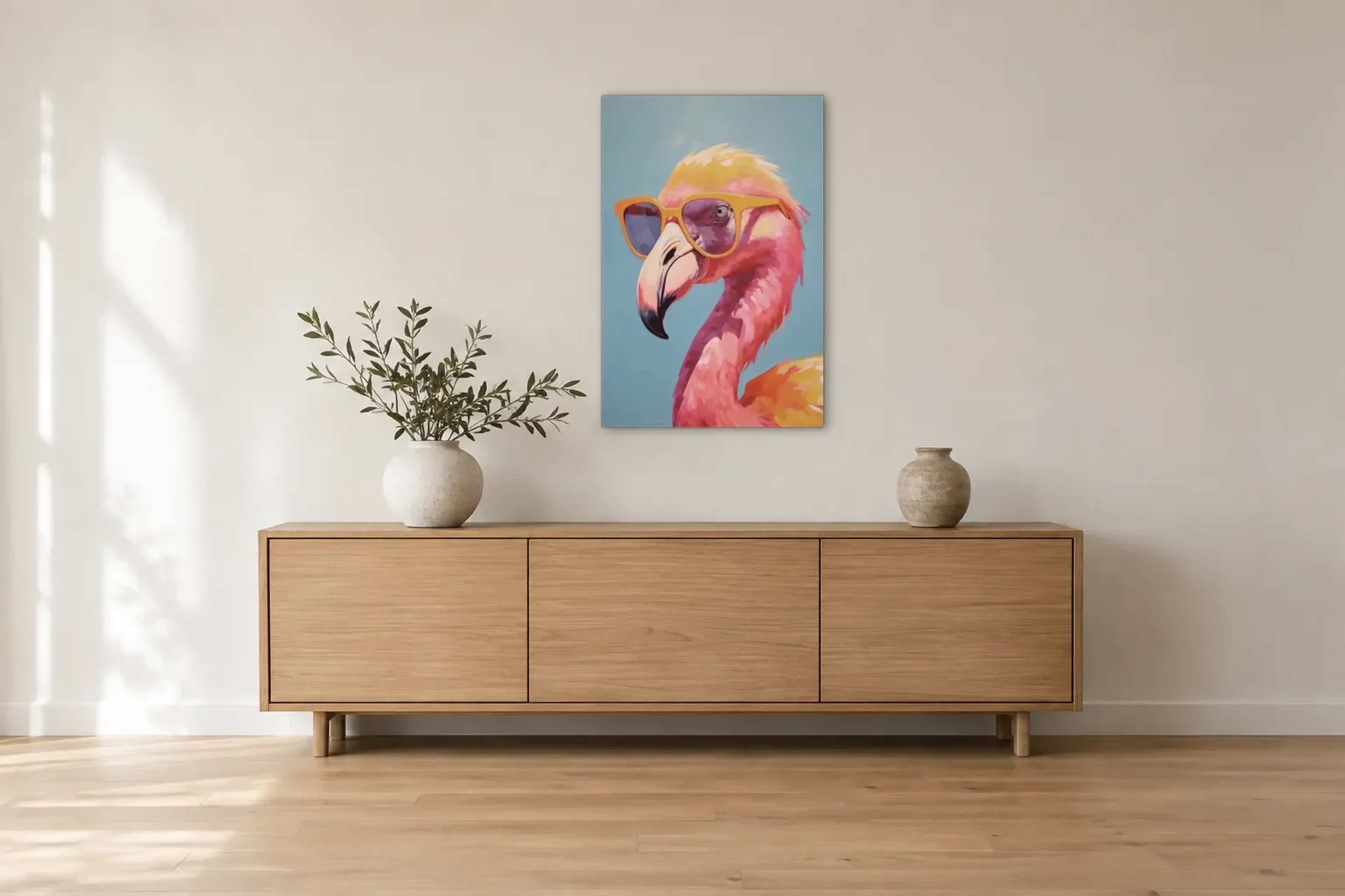 Flamingo mit Sonnenbrille als Wandbild über einem 180-cm-Sideboard
