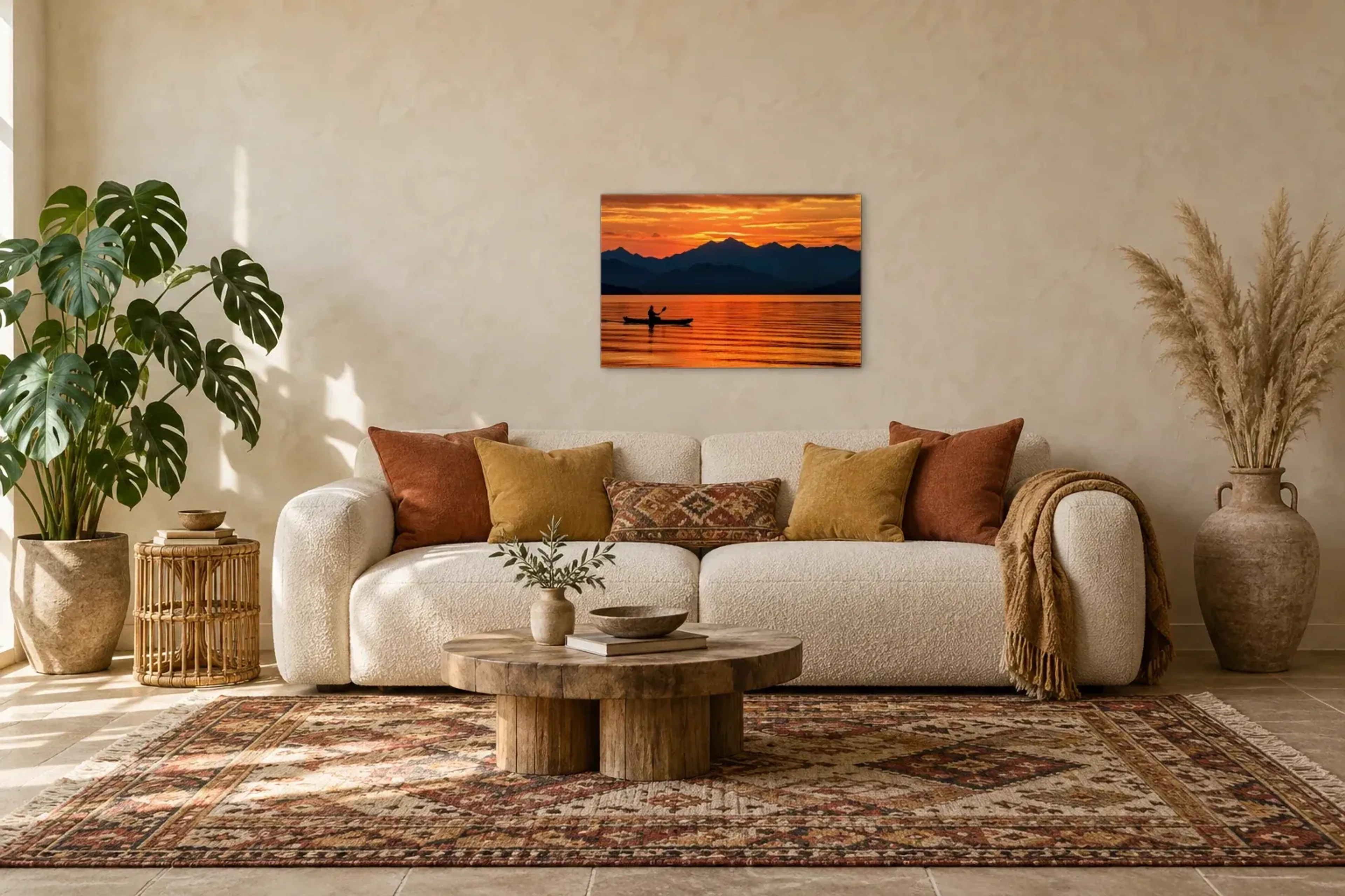 Kanu vor Bergsilhouetten als Wandbild über einem 220-cm-Sofa