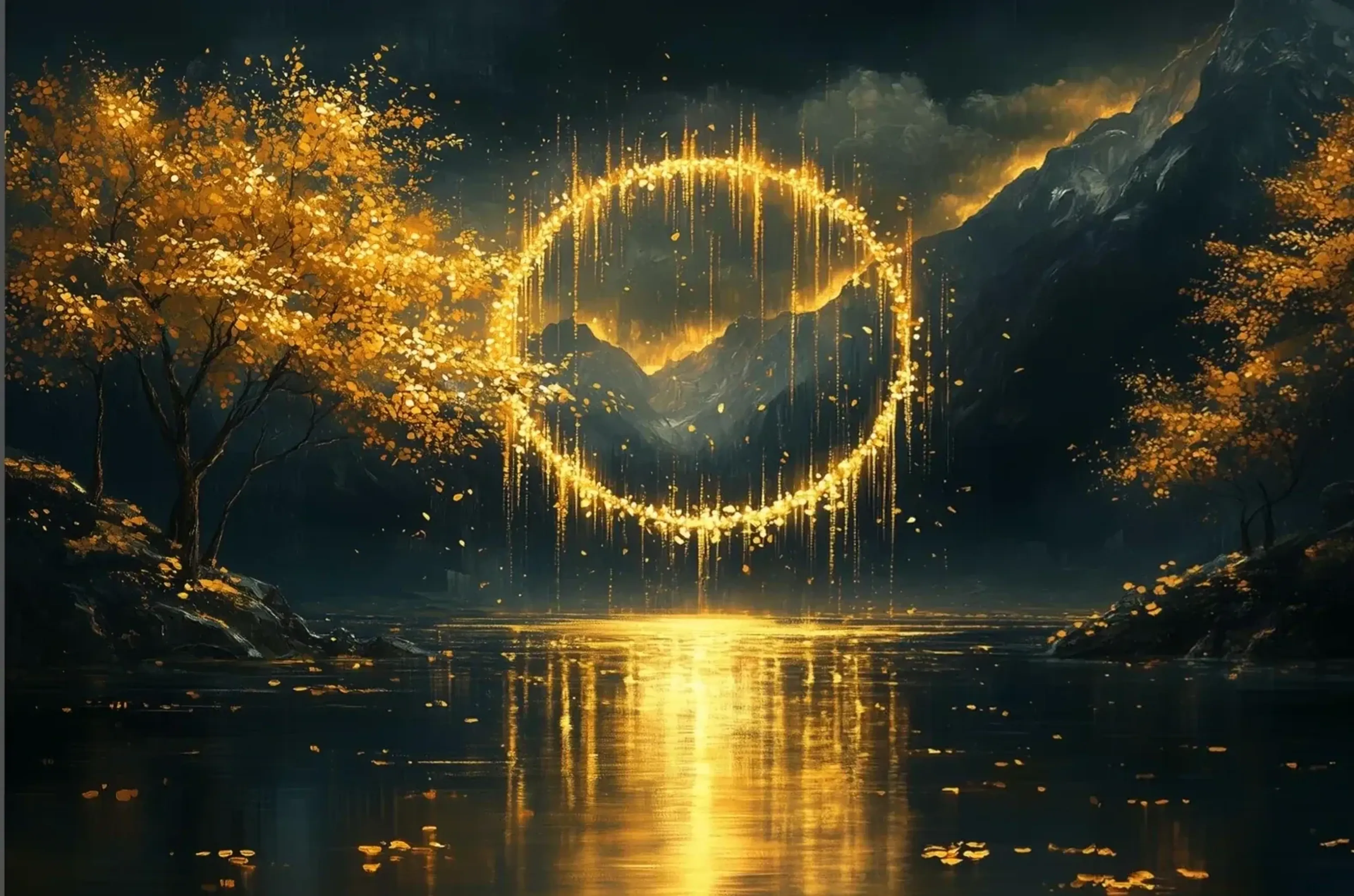 Ein goldener Lichtkreis schwebt über einem See, eingerahmt von goldgelben Bäumen und dunklen Bergen.