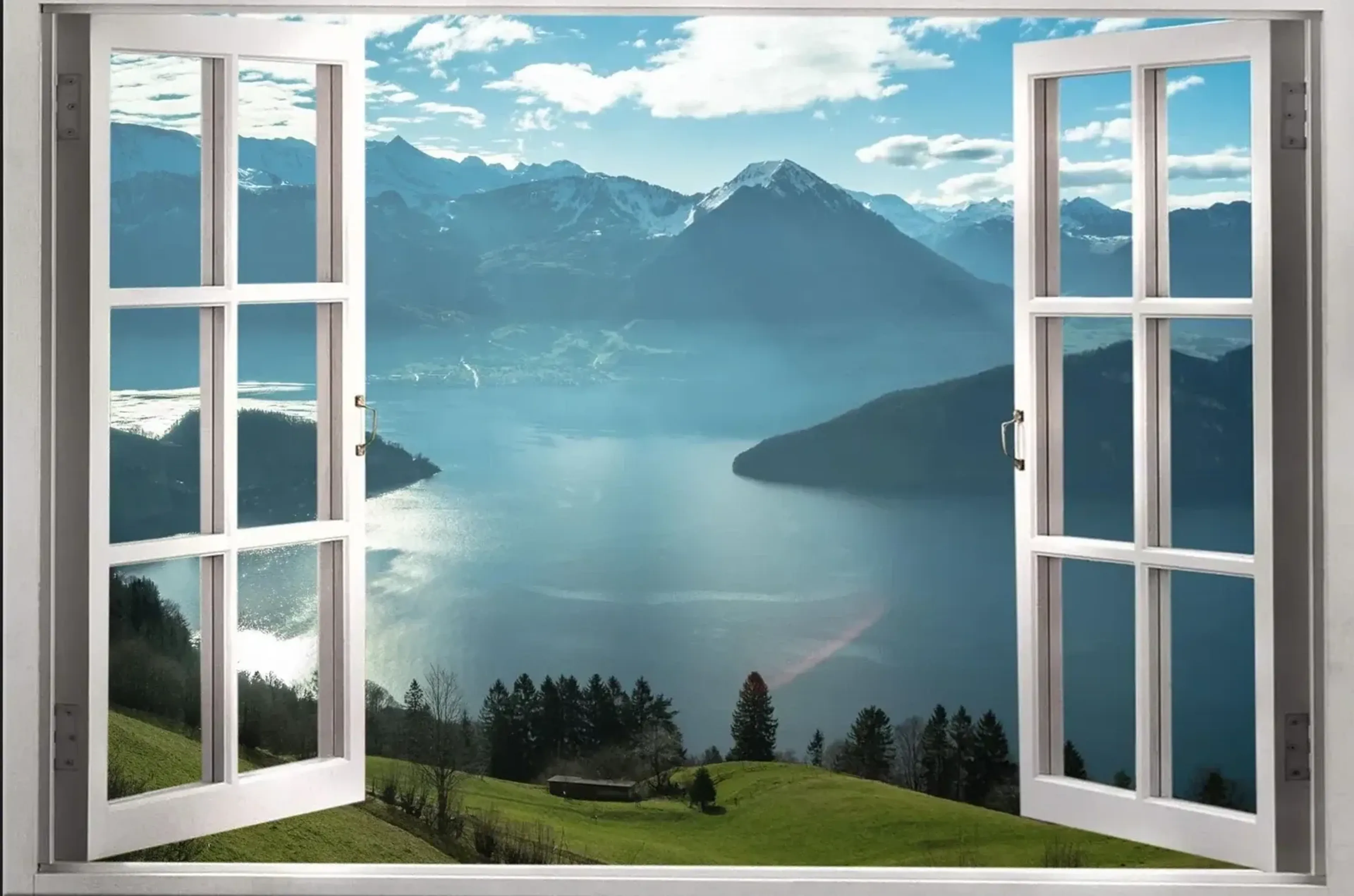 Seeblick auf die Berge – Motiv als Wandbild auf Holz