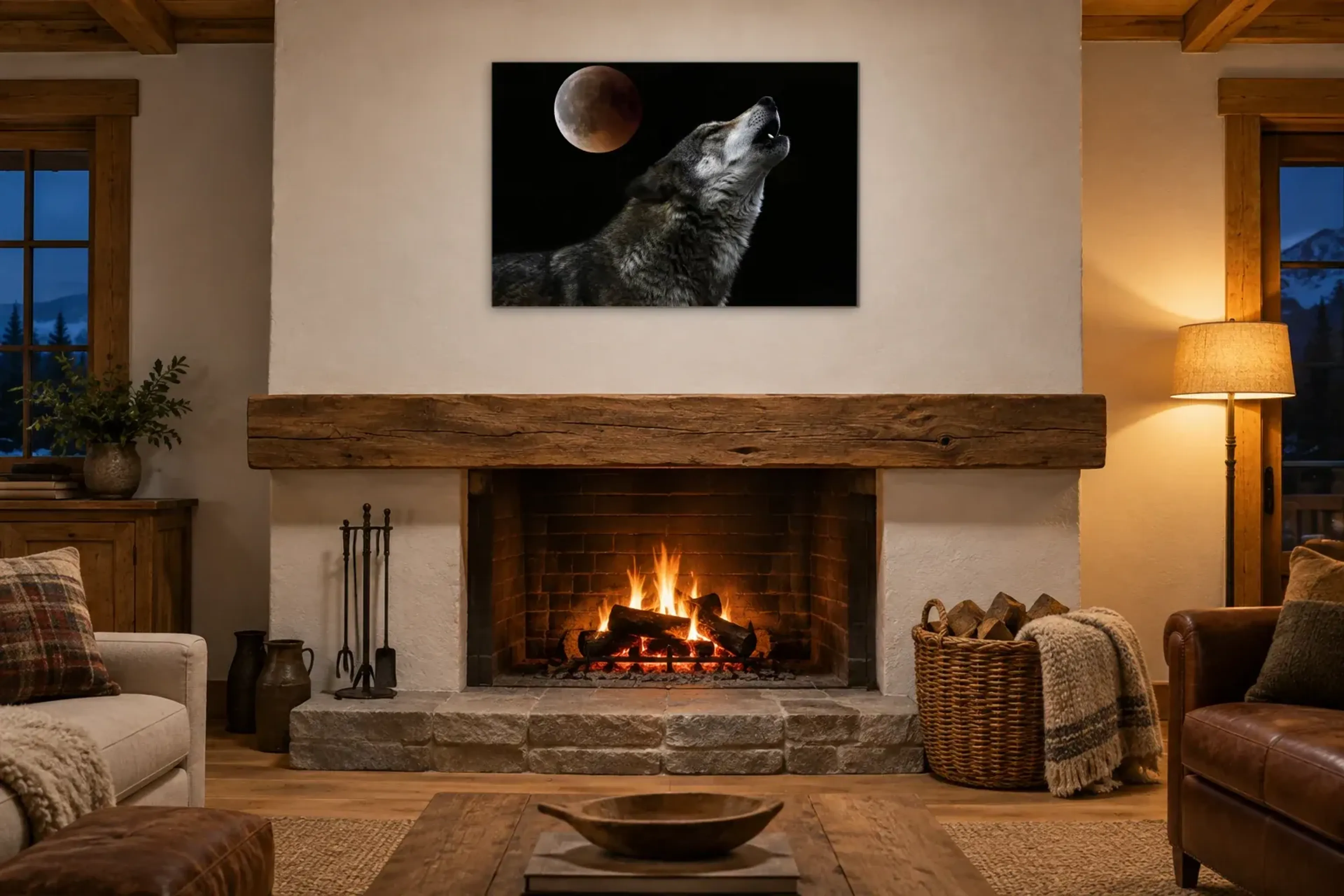 Wolf heult als Wandbild über einem 180-cm-Kaminsims