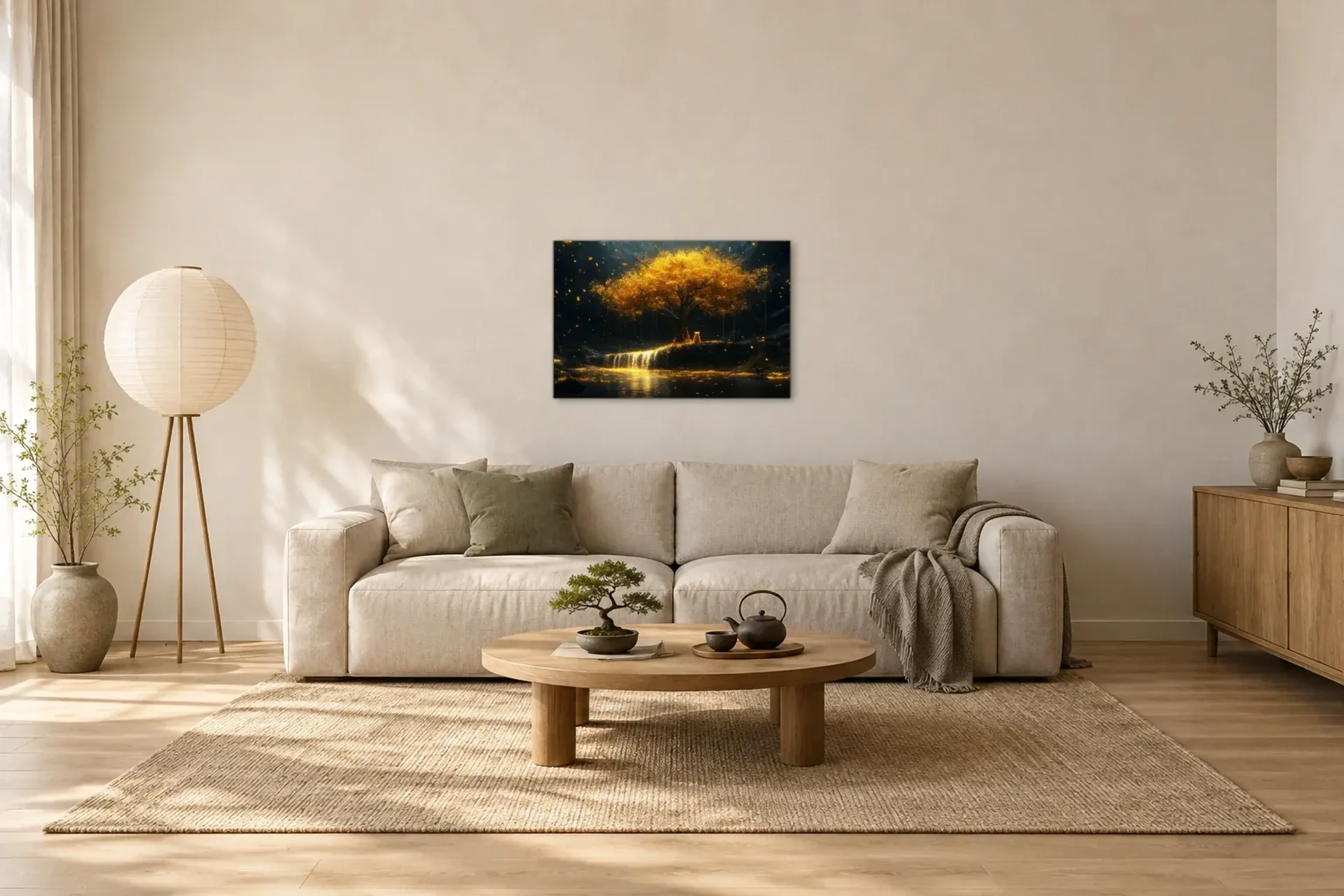 Fluss der Träume als Wandbild über einem 220-cm-Sofa