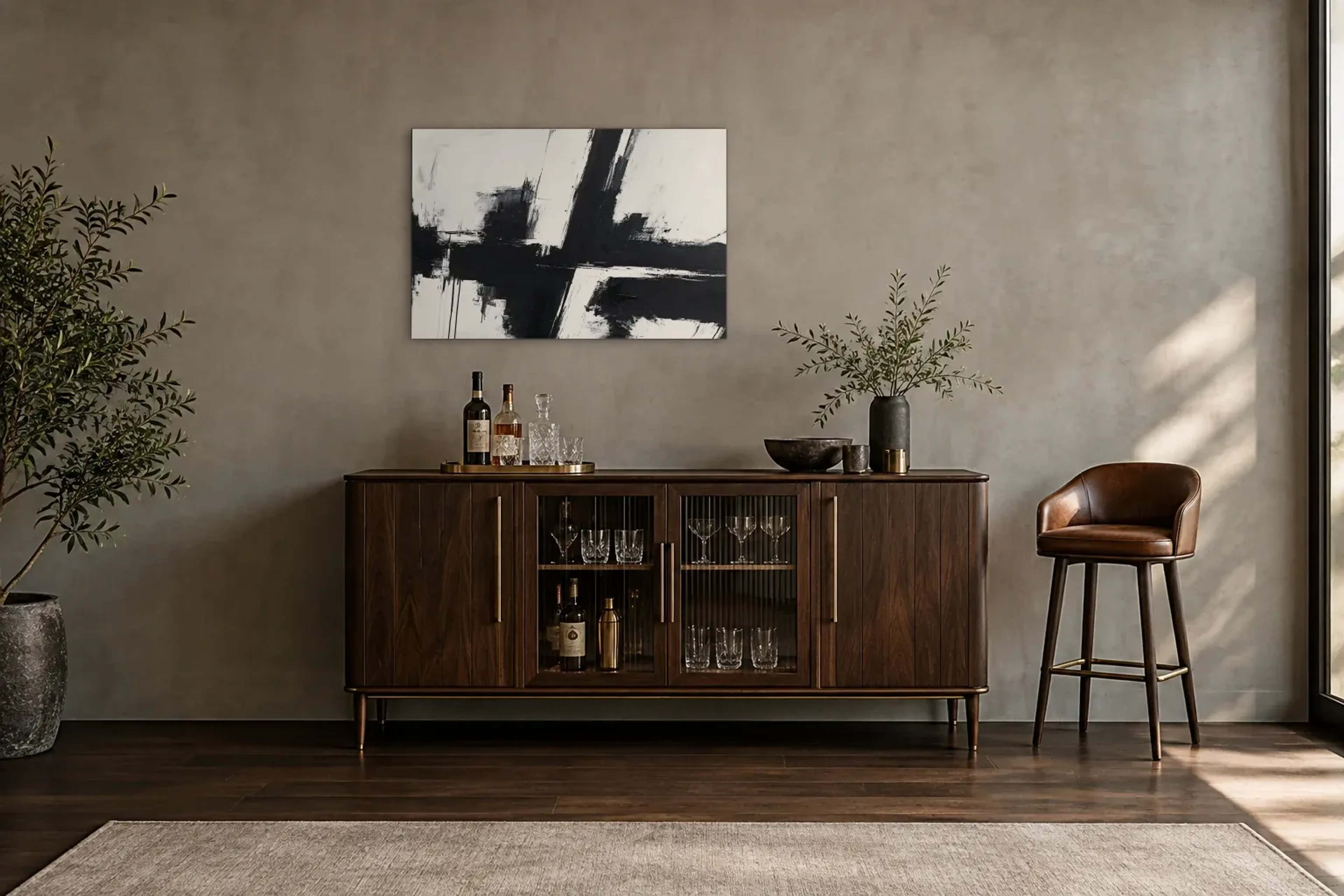 Kreuz schwarzweiß als Wandbild über einem 150-cm-Barschrank