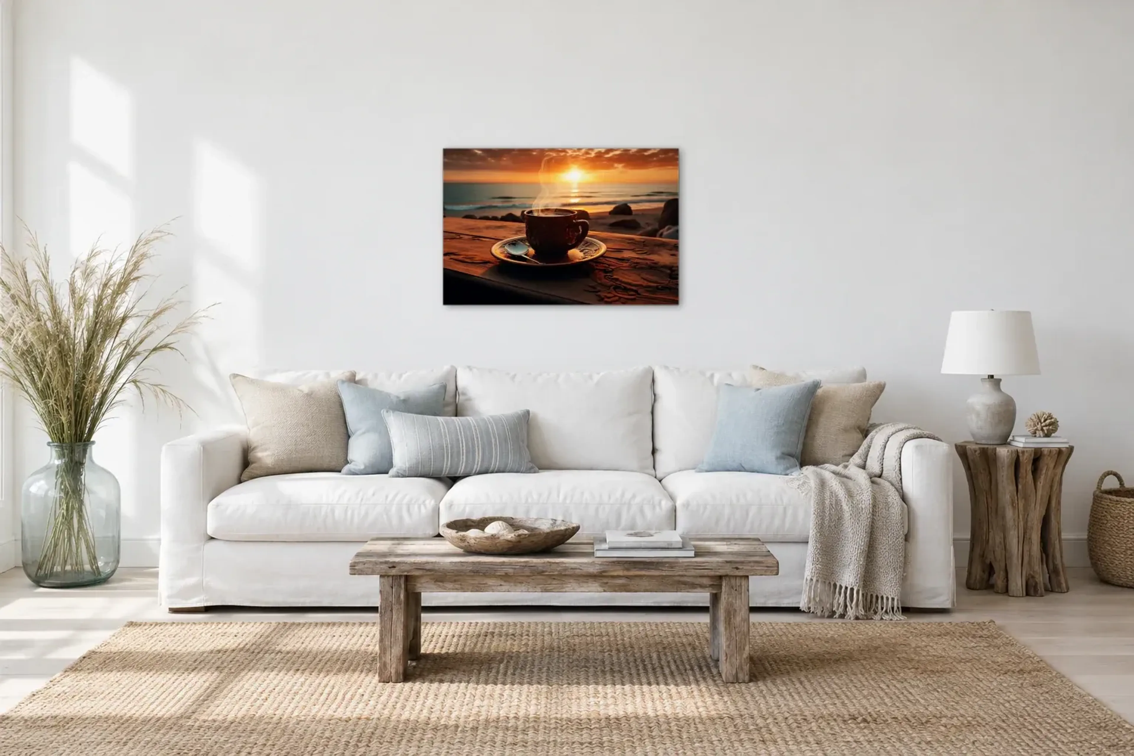 Kaffee am Meer als Wandbild über einem 220-cm-Sofa