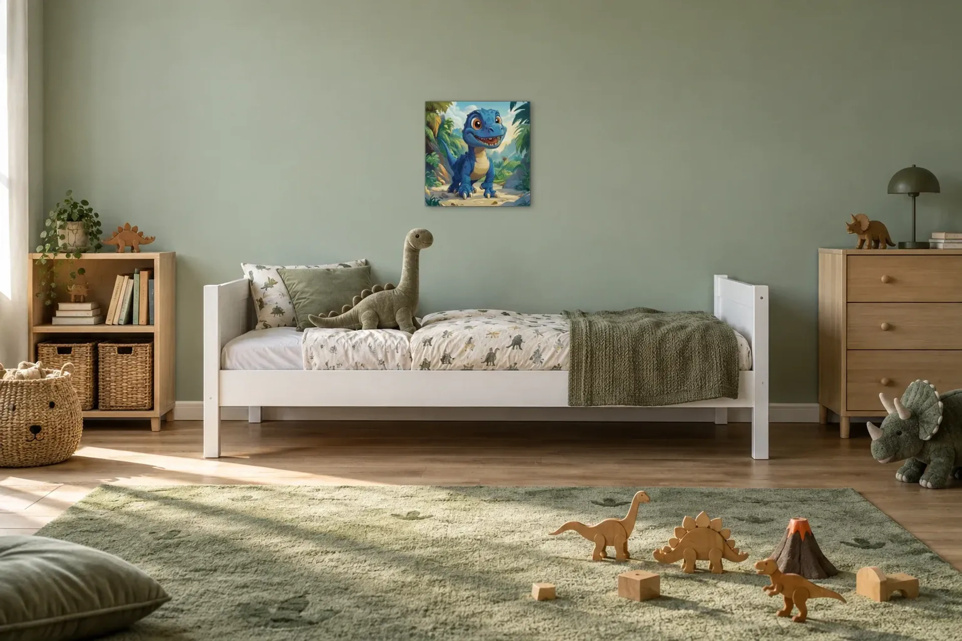 Blauer Dino auf Entdeckung als Wandbild über einem 200-cm-Kinderbett