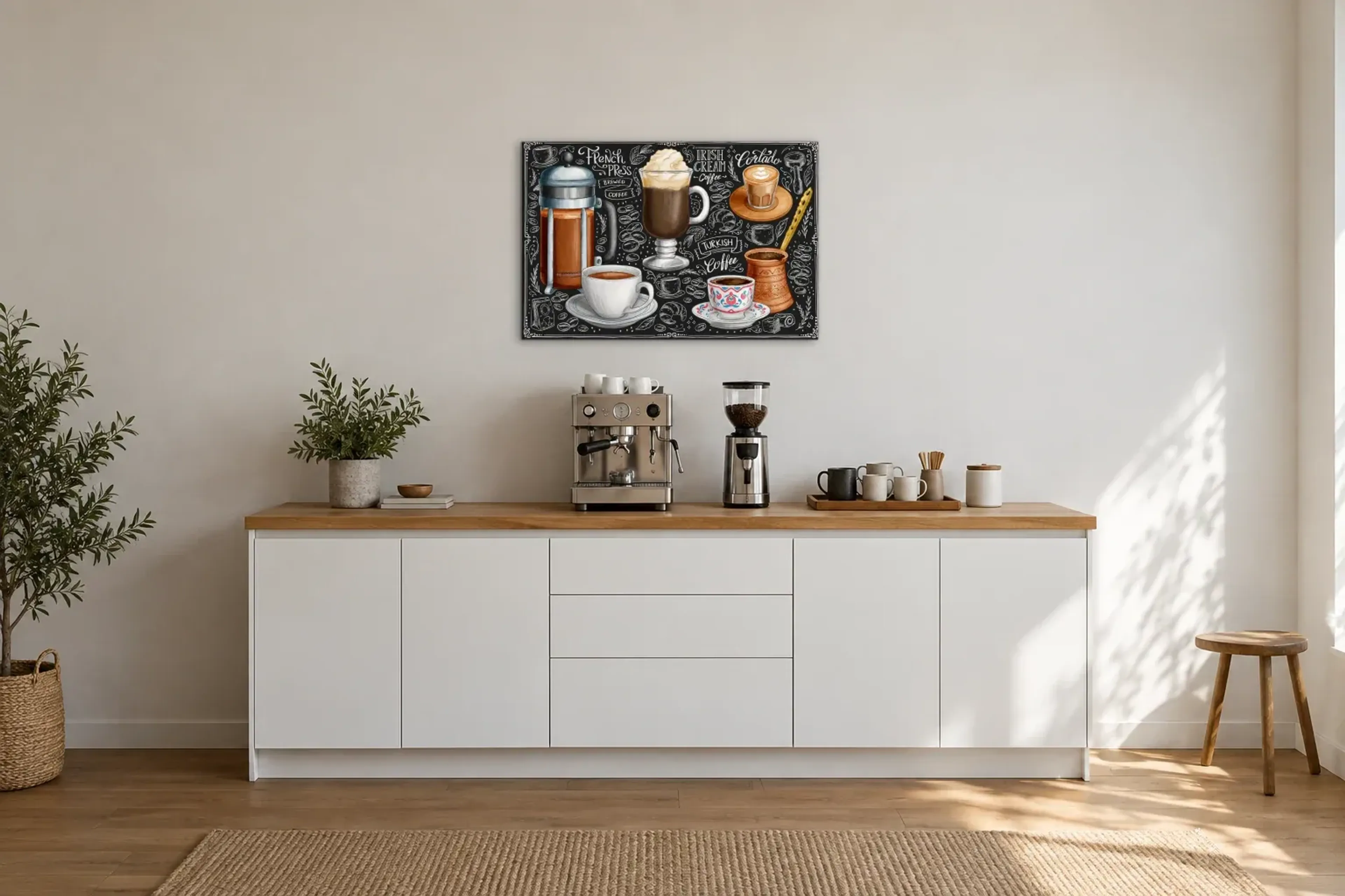 Kaffee Übersicht als Wandbild über einer 200-cm-Arbeitsplatte