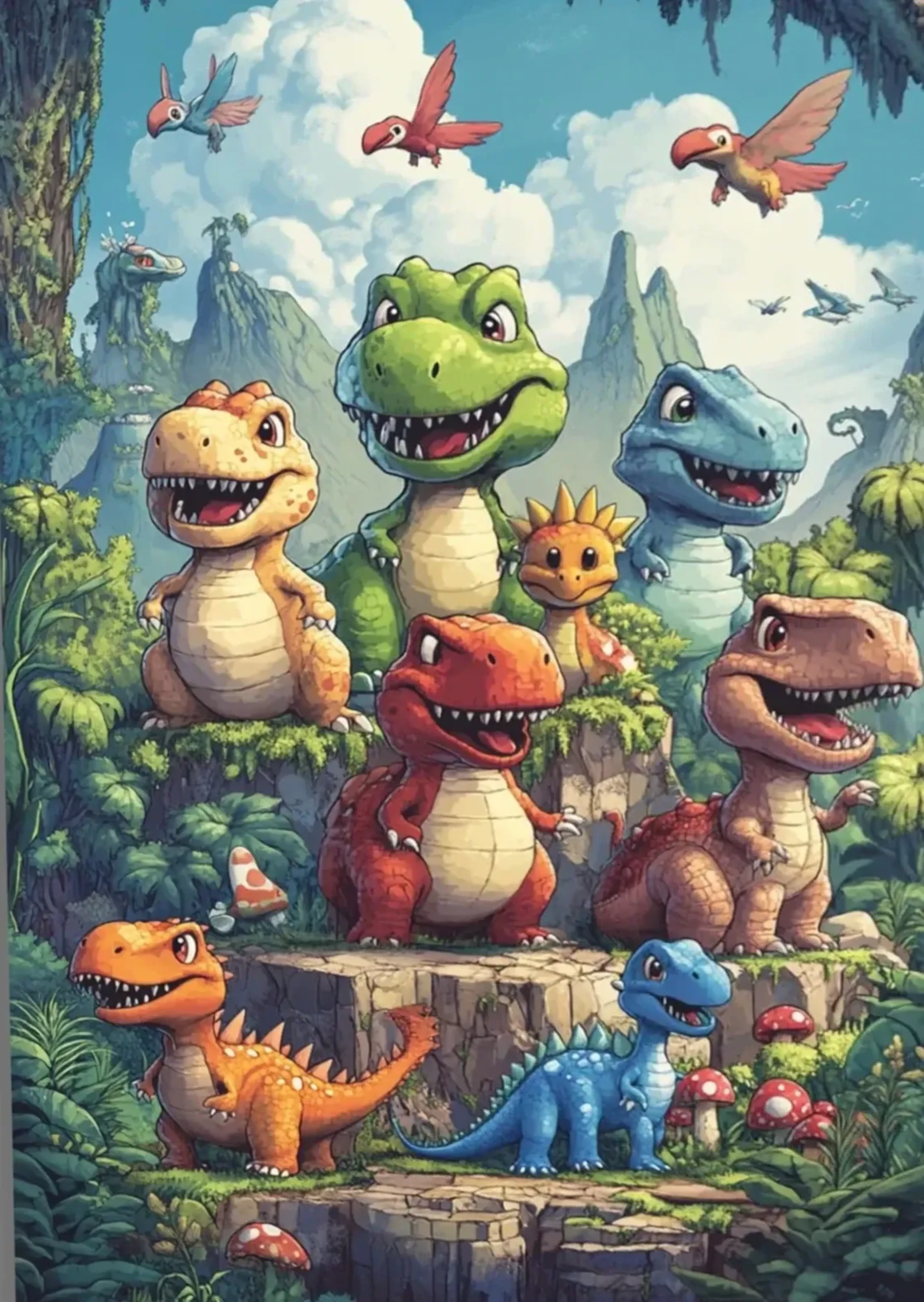 Bunte Dinosaurier stehen auf begrünten Felsterrassen vor Bergspitzen, über ihnen fliegen Flugsaurier.