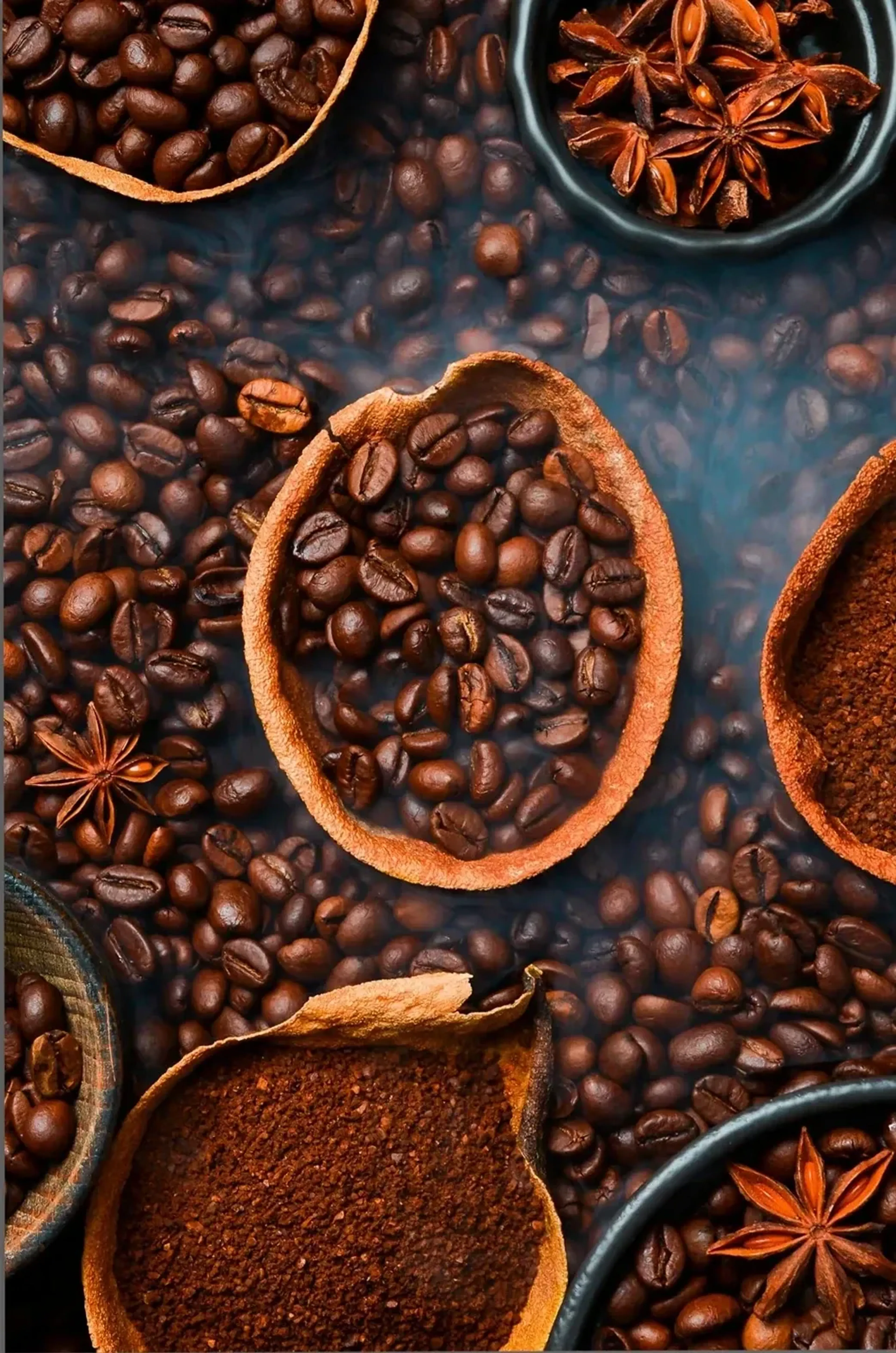 Kaffeebohnen, gemahlener Kaffee und Sternanis in Schalen auf dunklem Untergrund, von oben betrachtet.