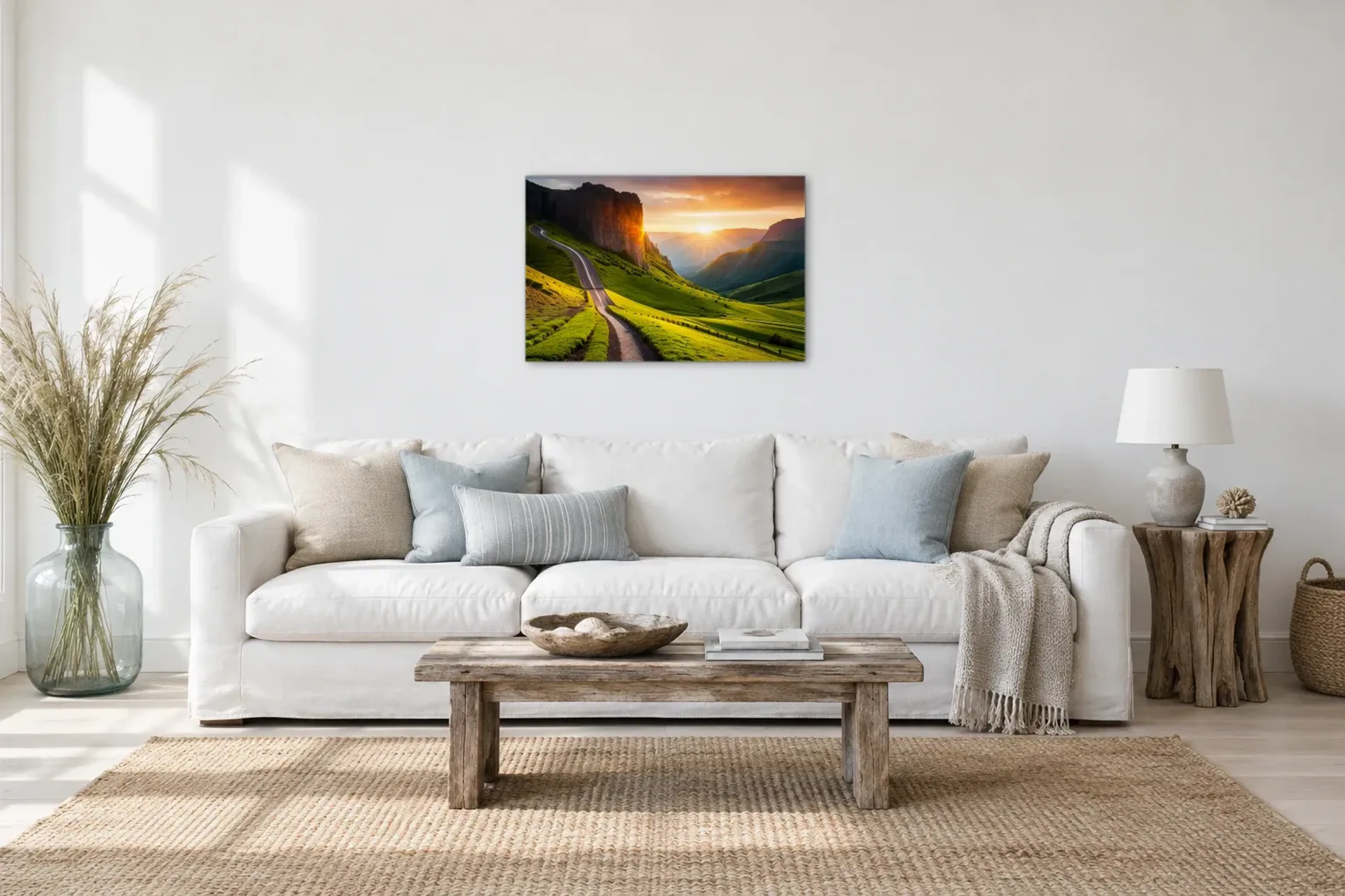 Grüner Hang als Wandbild über einem 220-cm-Sofa