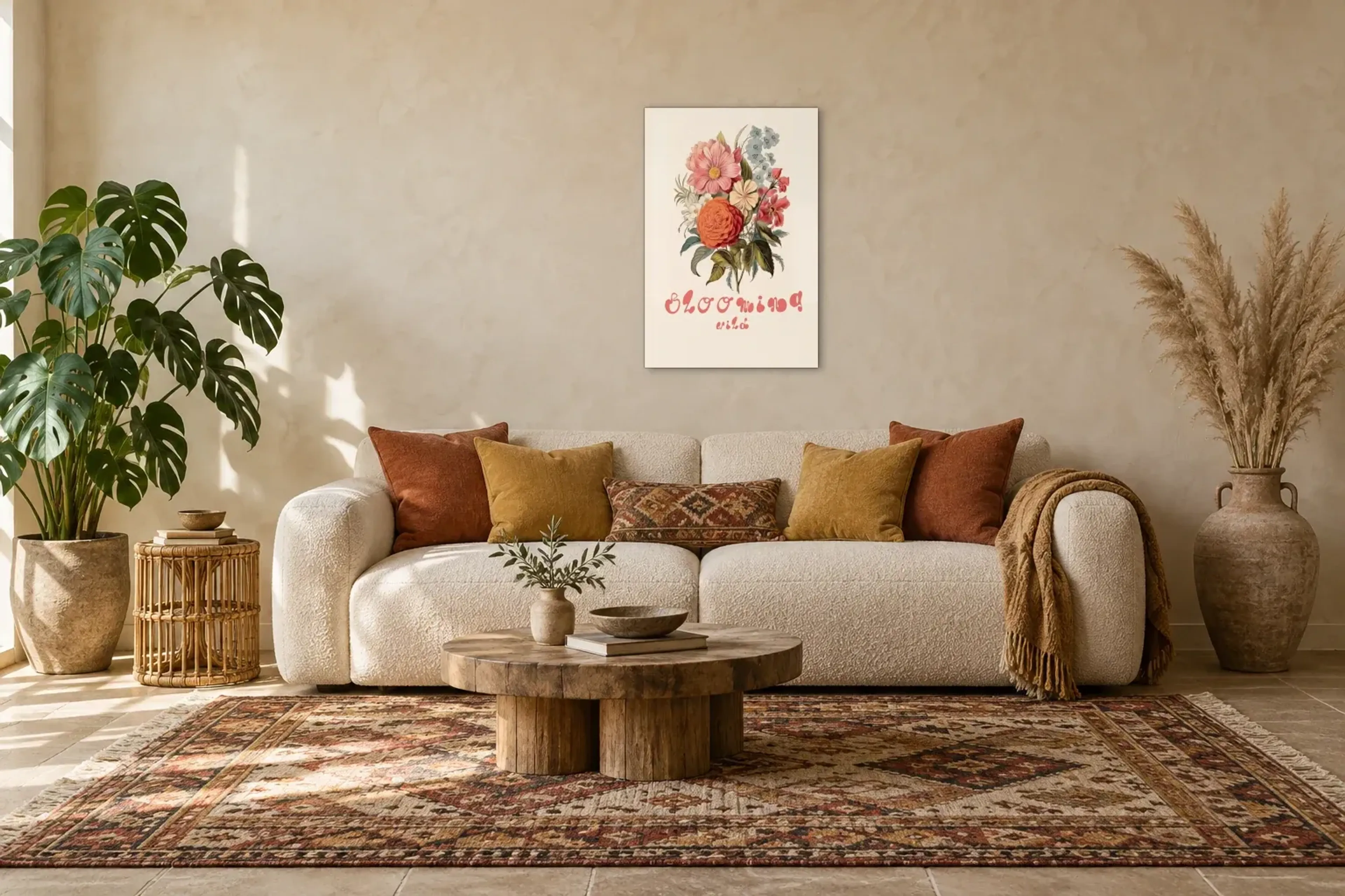 Blütenstrauß auf Creme als Wandbild über einem 220-cm-Sofa