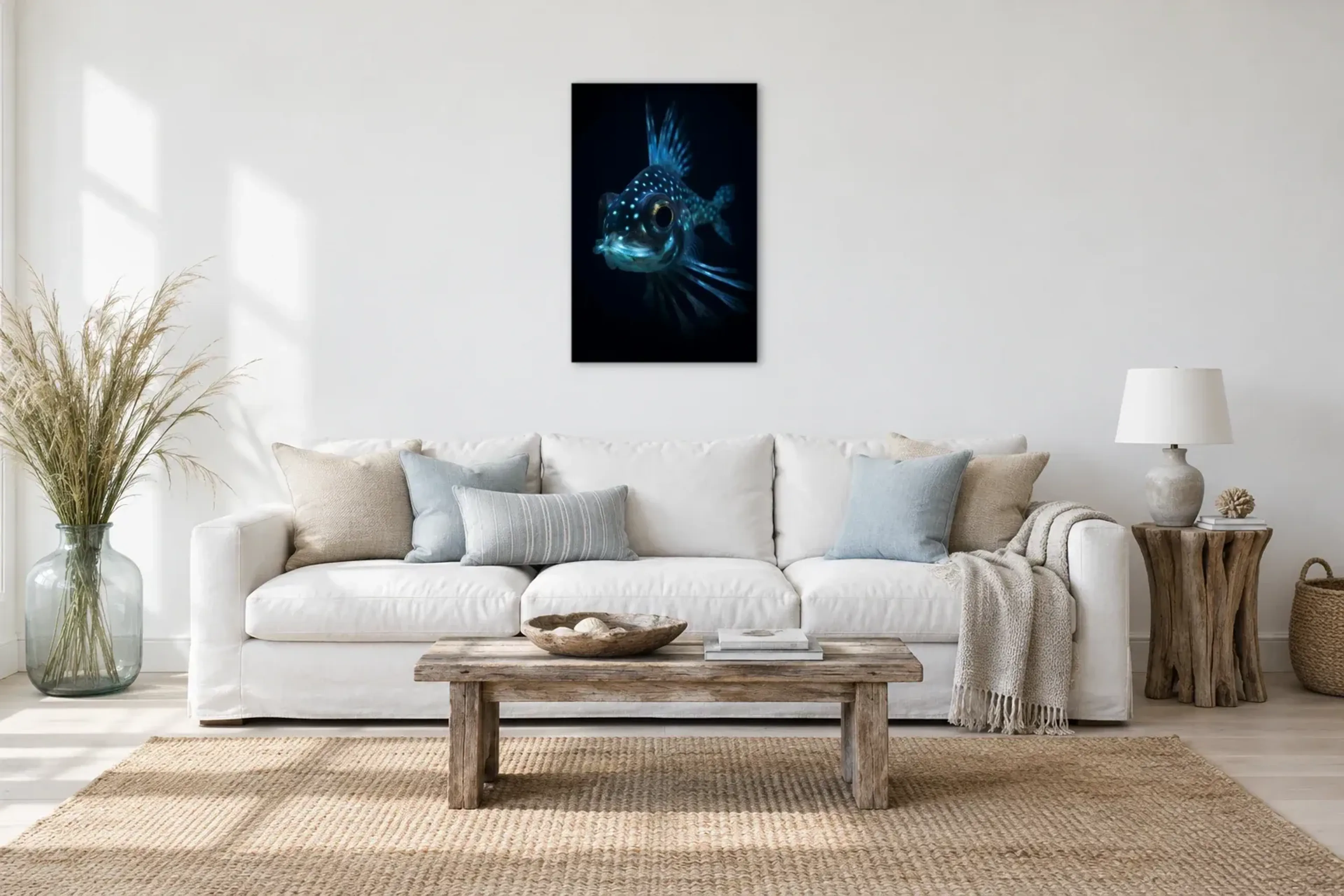 Fisch im blauen Licht als Wandbild über einem 220-cm-Sofa