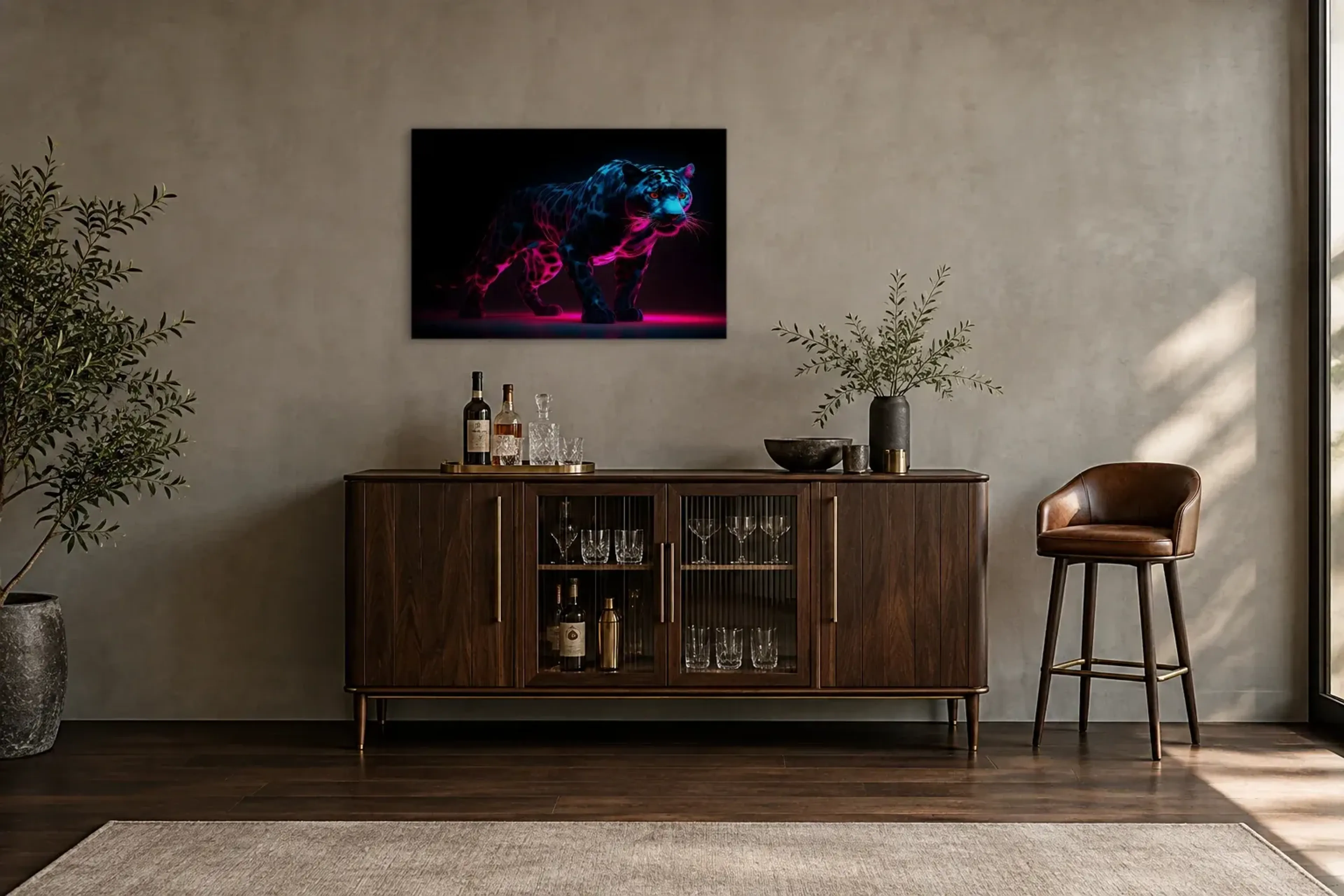 Leopard im Neonlicht als Wandbild über einem 150-cm-Barschrank