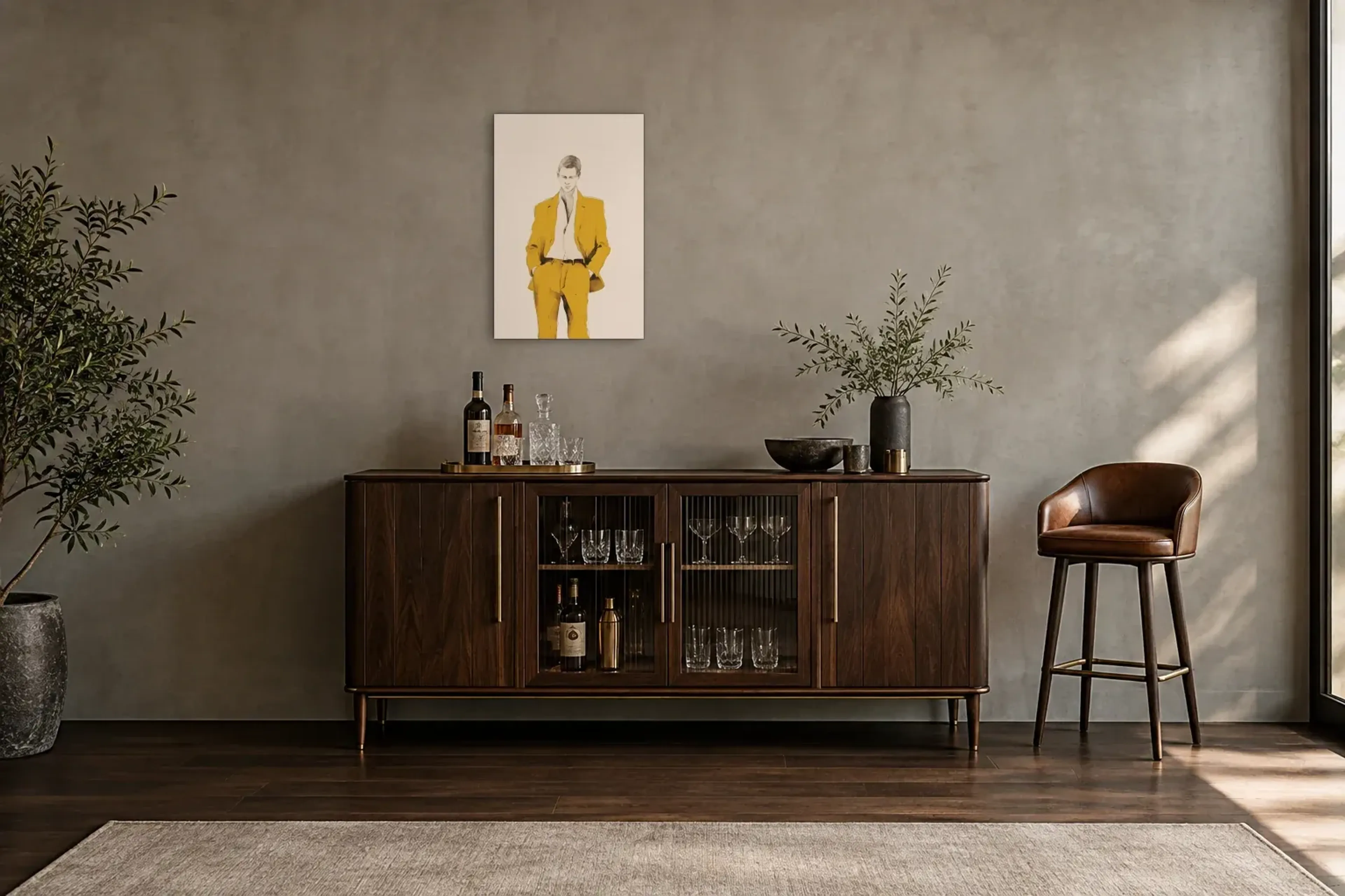Mann im gelben Anzug als Wandbild über einem 150-cm-Barschrank